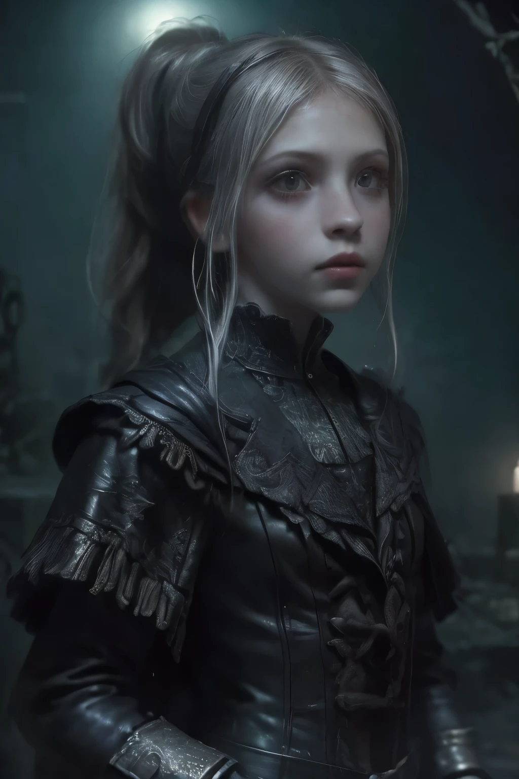 ((best quality)), ((masterpiece)), (detailed), score_9, score_8_up, score_7_up, score_6_up, (1girls), a female occultic knight, witch, knight, wielding a rapier-like sword, perfect face (((mastepiece, of the highest quality, super detailed))), photorealistic, Dark fantasy art, dark fantasy, ((gothic art)), ((Bloodborne inspired)), (Victorian era inspired), (Brotherhood Of The Wolf inspired), (typical witches hat sharing design features of a hunter's cap), (leather trousers with buckles and belts), (occultic vibe), (cosmic horror vibe), (occultic military uniform), (military witch), ((intricate and beautiful cloth and leather clothing)), (regal and elegant, a person of great social importance), ((mature, foreboding atmosphere)), ((dark and gloomy)), ((((Highly detailed face)))), small thin nose, Small thin lips mouth, (((Very sharp focused eyes))), ((perfect symmetrical beautiful eyes)). looking here, (resolved expression), (resolute expression), (sad face), beautiful (((very small breasts))), (((little boobs))), (((tiny breasts))), (((flat chest:0.1))), (((very tiny boobs))), (((very flat chested))), ((brunette)) hair, ((long ponytail, thick ponytail, heavy ponytail)), very long eyelashes, soft lighting