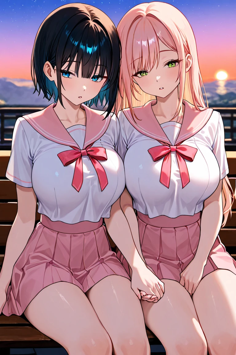 Two people taking a photo in front of the window, two beautiful anime girls, Women in Japan,Seductive Anime Girl, Anime Girls, Ecchi anime style, Ecchi style, Realistic gravure idol, Realistic anime art style,Two people taking off their underwear,big breasts like an adult,bbw,fullnude,realistic anime 3 d style, Two girls, Realistic anime art style, Smooth Anime CG Art,high-level image quality,hight resolution,