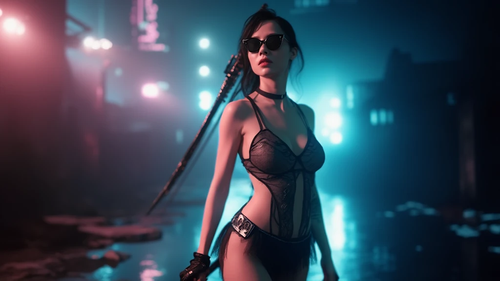 At night, dark sky, gorgeous Woman, (walks with a stray dog In a frozen cyberpunk city in ruins), 1drone. Heavy tropical rain, Head slightly tilted back, leather bikini, Distorted Space, Light Shafts, Volumetric Lighting, 4k Rendering, Stock Photo, Realistic Textures, Dramatic Lighting, Unreal Engine. Electric lighting. Windy messy hair. (((((1girl, solo, alone))))), large-breast:1.1 slim body, cleavage, (((headphone, black sunglasses))), (((hip-up standing and holding (pistol)))), (((half-body thigh level medium shot))), cinematic lighting, lens flare, ray tracing.