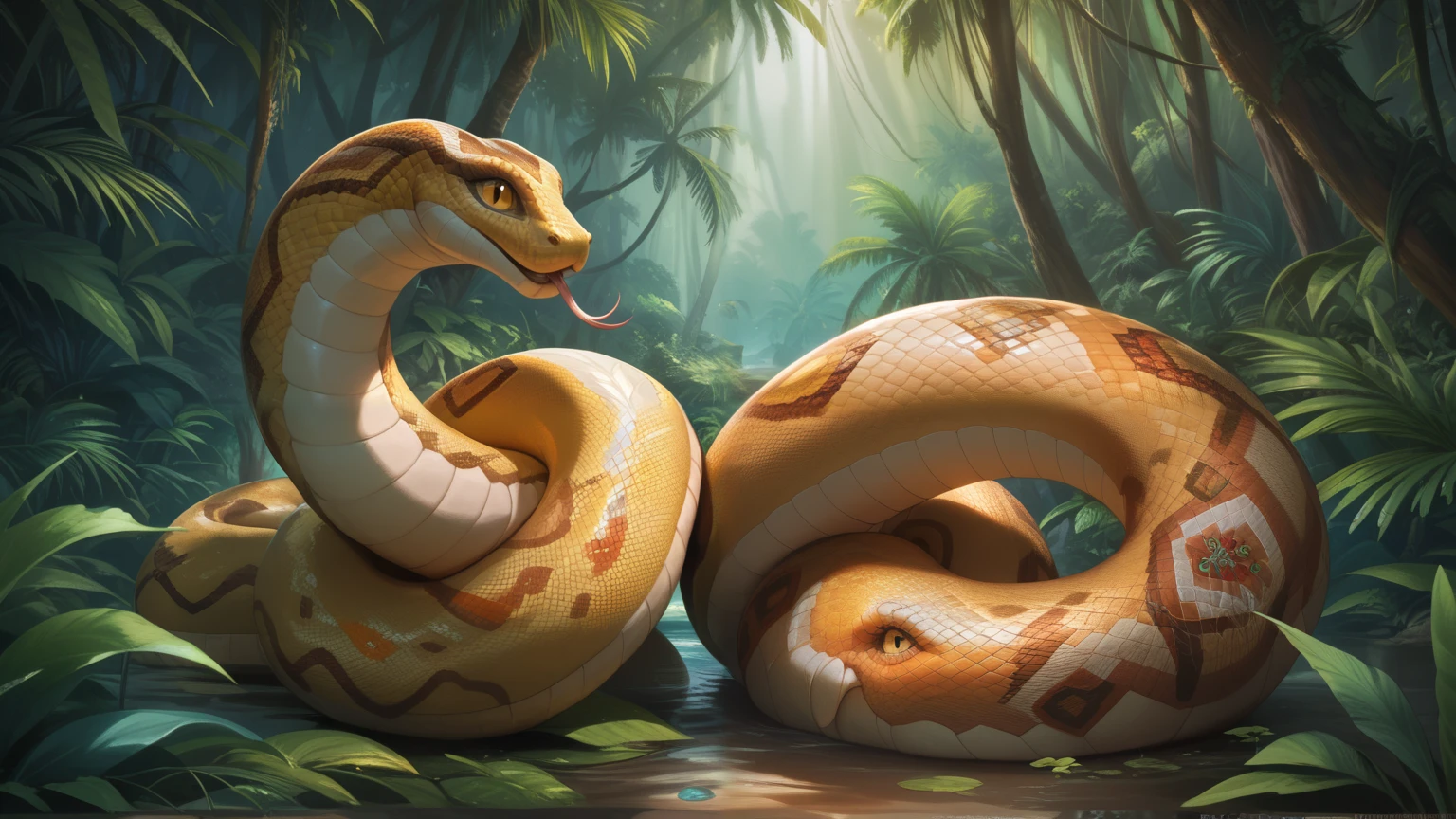 Huge Titanoboa snake roaming in jungle