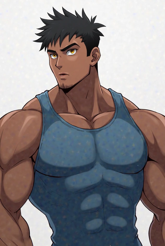 anime characters:Gyee, Muscle Sports Student, 1 muscular tough guy, Manliness, male focus, Light Yellow long sleeve tights, Very tight, The pectoral muscles are oversized, Slightly transparent, muscular male, muscular, only, Upper body, alone, Black short hair, Thick eyebrows, stubble, Yellow eyes, Grey background, simple background, amazing quality, best aesthetics, Ridiculous, bright pupils, crew cut, parted lips, seductive smile, torogao, naughty face, drop shadow, best quality