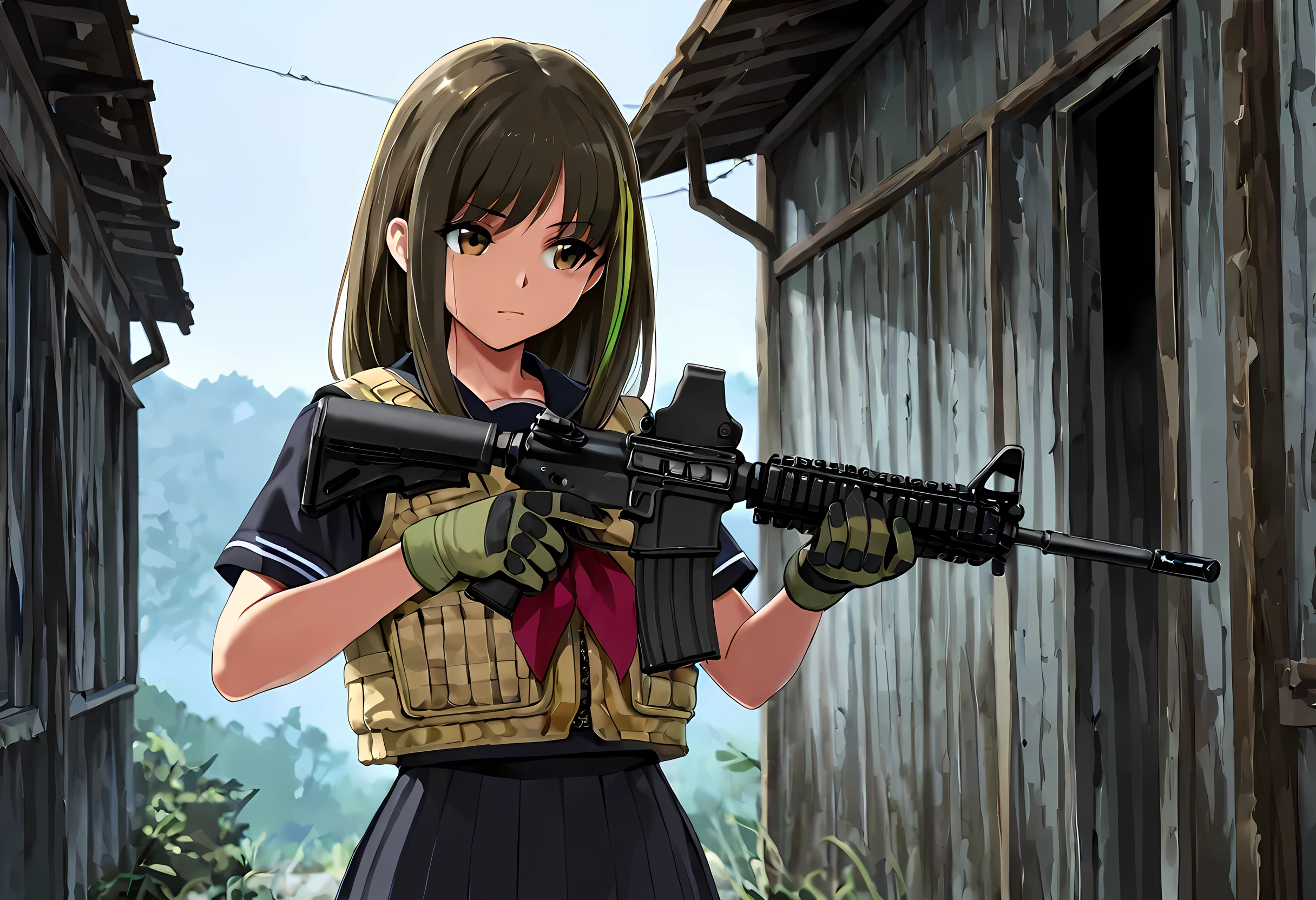 masterpiece, best quality, 8K, high detailed, vector illustration, (yd\(orange maru\):0.9), (reizei\(cyclone\):0.6), (ame\(uten cancel\):0.6), school uniform, JK, Cinematic Girls With Guns Style, 1girl, solo, (Outside the abandoned house:1.2), early evening, natural light, standing, hold a gun and take aim, 180㎝, yellow green BREAK medium hair, yellow green eyes, slant eyes, (detailed beautiful face and eyes;1.5) medium breasts, (slender:1.2), serious, (black sailor uniform:1.5), upper body, (assault rifle m4a1 cqbr:1.4), (Khaki ballistic vest:1.5) Magazine pouch, black Military Gloves