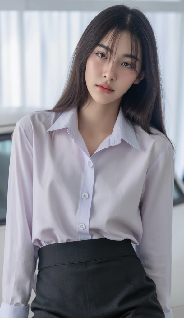 Ultra-detailed, master piece, (best quality:1.5), (high resolution:1.5), (beautiful eyes1.5), Physical Base Rendering, Long Brown Hair, One Girl, Very Large Under Shirt, Thighs, Large Breasts, Staring At Camera, Face Focus, Sultry, Detailed Hands, Detailed Legs, School Girl, White Buttoned Collared Shirt, Ribbon, Plaid Skirt, Professional Photography, Film Lighting, (Dark Moody (Dark Moody Lighting: 1.5), Striking, Flawless Skin, (Moody Atmosphere: 1.5), (Erotic: 1.5) (Sexy: 1.5) (Evening: 1.5), Empty School Classroom 16k