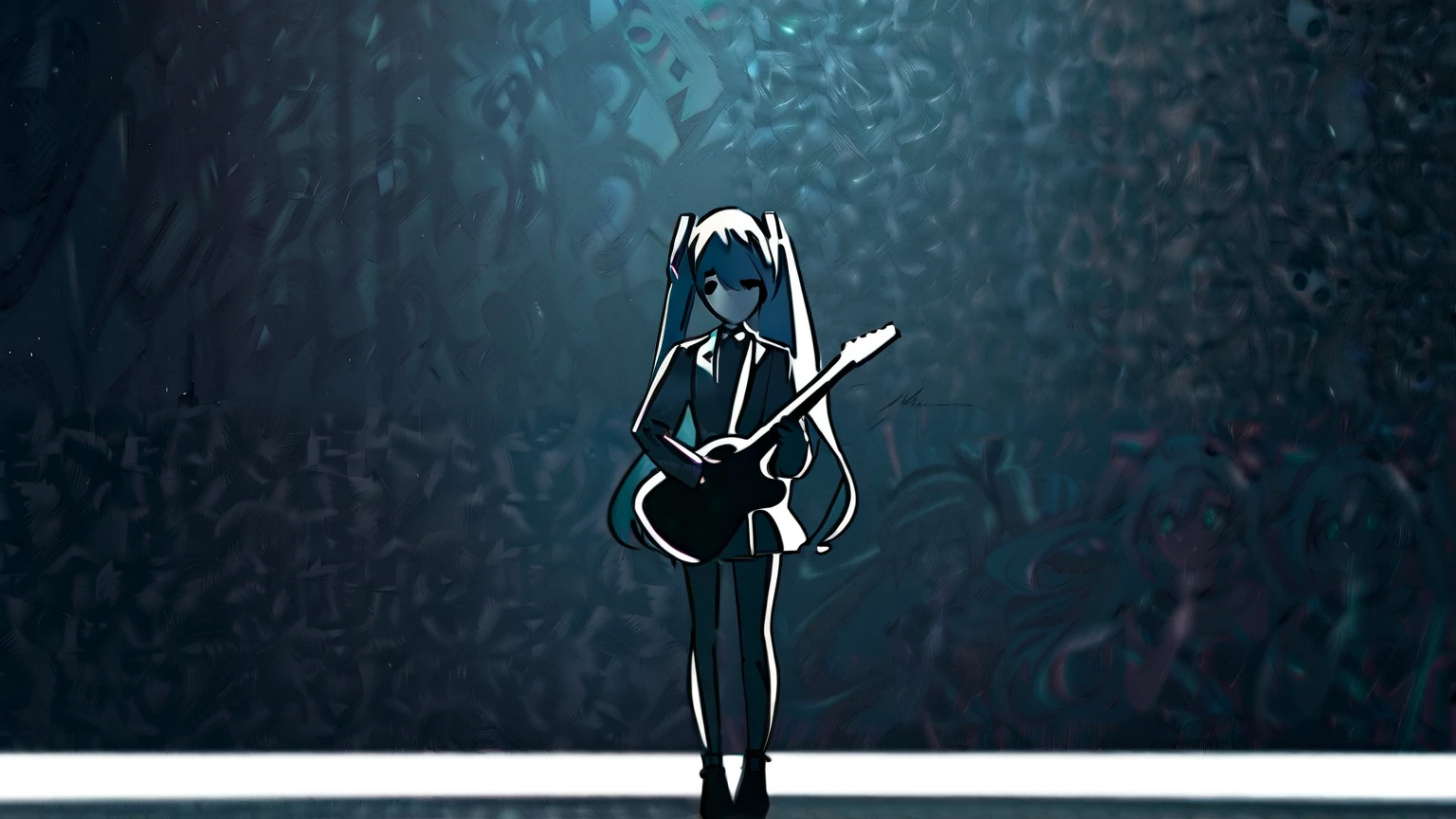 Hatsune Miku is 1、playing guitar、 street concert、 black and white images、full body、front、From a distance