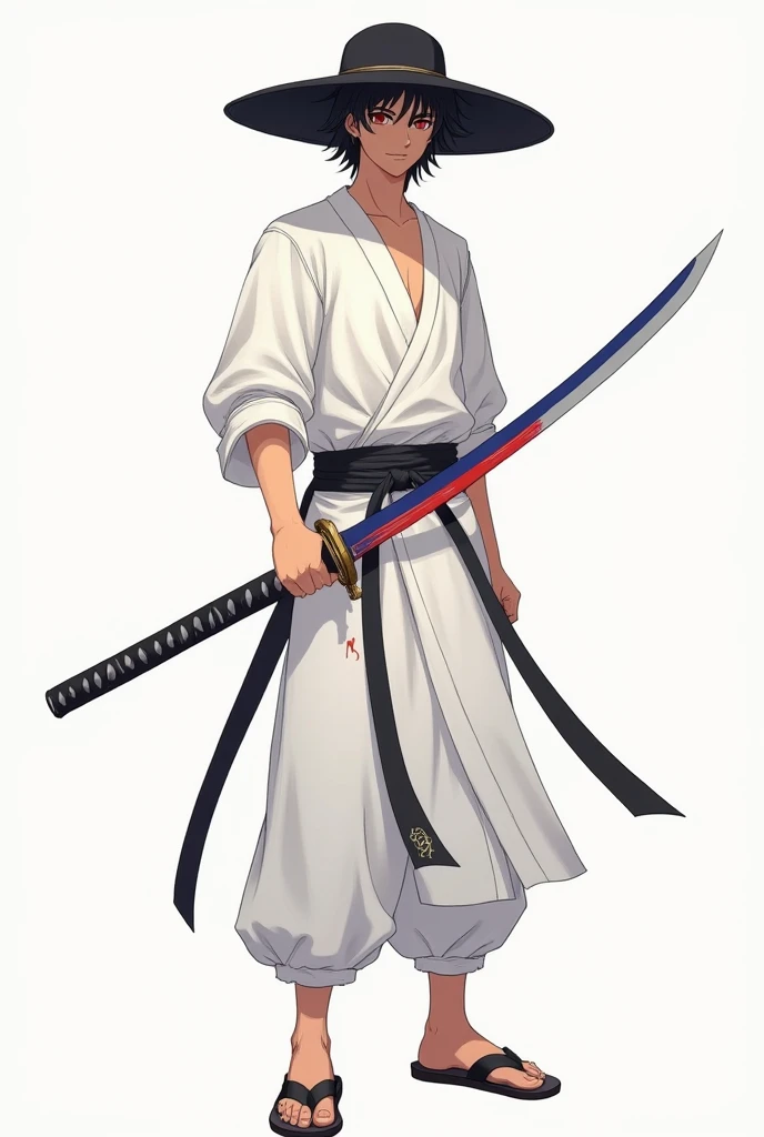 Make a man wear a plain black hat and wear a white shirt and wear white pants and sandals with a young age and anime with good quality holding a blue and red colored katana and there is a lightning bolt on his shirt there is a ramadan inscription