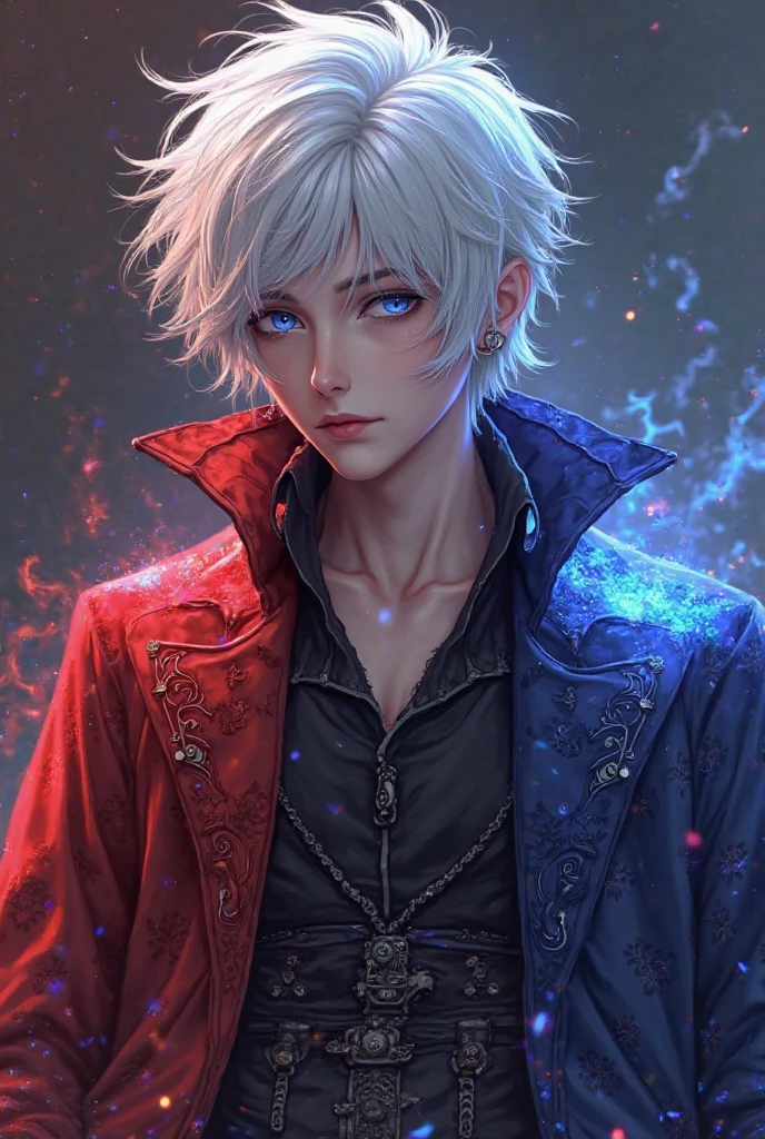 Hair: White like both of them, but styled with a mix of Dante’s wild, unkempt look and Vergil’s slicked-back elegance—perhaps a medium-length, slightly wavy style.
Face: A balance between Dante’s roguish charm and Vergil’s sharp, refined features, with piercing blue eyes.
Outfit: A long coat combining Dante’s red and Vergil’s blue, split down the middle or blending into a purple hue, with intricate demonic patterns.
Weapons: A fusion of Rebellion and Yamato, forming a massive greatsword with a demonic katana aesthetic—jagged yet elegant.
Aura: A mix of Dante’s fiery energy and Vergil’s cold, calculated presence, giving an intense, glowing demonic aura.
Personality: A perfect blend—confident yet disciplined, reckless yet strategic.