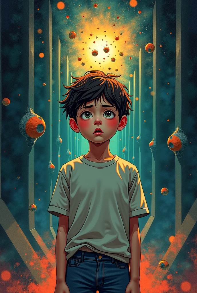 draw a boy in a dark shirt looking into the distance, in the distance is a sky with many stars and planets, a vast and vast landscape, and an endless road, in his hand there is a sphere like a face miniature sky