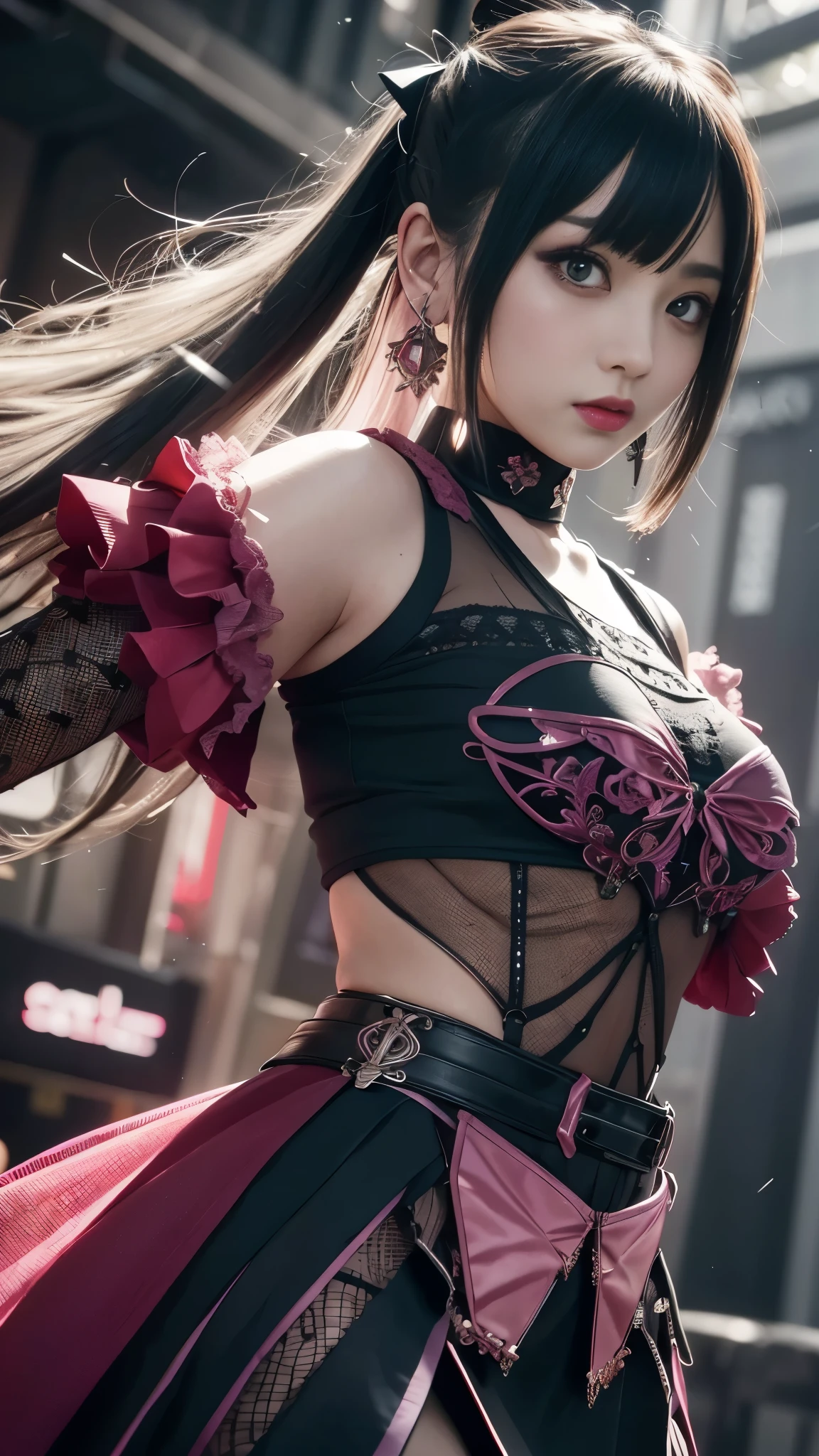 Greatest Masterpiece、Highest quality、Ultra High Definition、 Super High Definition,aesthetic、16k、 (photorealistic:1.4)、ゴシックpunkの衣装、 looks up,  upper body,Gray Hair,(realism、realistic、Photorealistic)、black、earrings、amount、Gothic skirt、Goth_punk,Sharp、night 、flat chest:1.8, AA-cup chest 、 Slim waist:1.2、 Long Sleeve:1.5、マイクロミニ skirt、(Unreal and dynamic、Surreal、absurd、 dynamic action shots、portrait、Super sharp、 realistic textured face and skin、 beautiful symmetrical face 、(perfect anatomy)、 CGSoation Trends、thigh, particle effects , Beautiful Effects, bright colors, Neon Lights,、超A high resolution 、octane rendering、Dark Fantasy、Knee、Complex Detailed Background、 very delicate and detailed、 skirt、Knee、Unconventional、 fancy mesh costume、Pink fluorescent complementary color、 hoodie、 deep red lipstick 、 has swollen eyes、red eyeshadow、Dynamic Pose