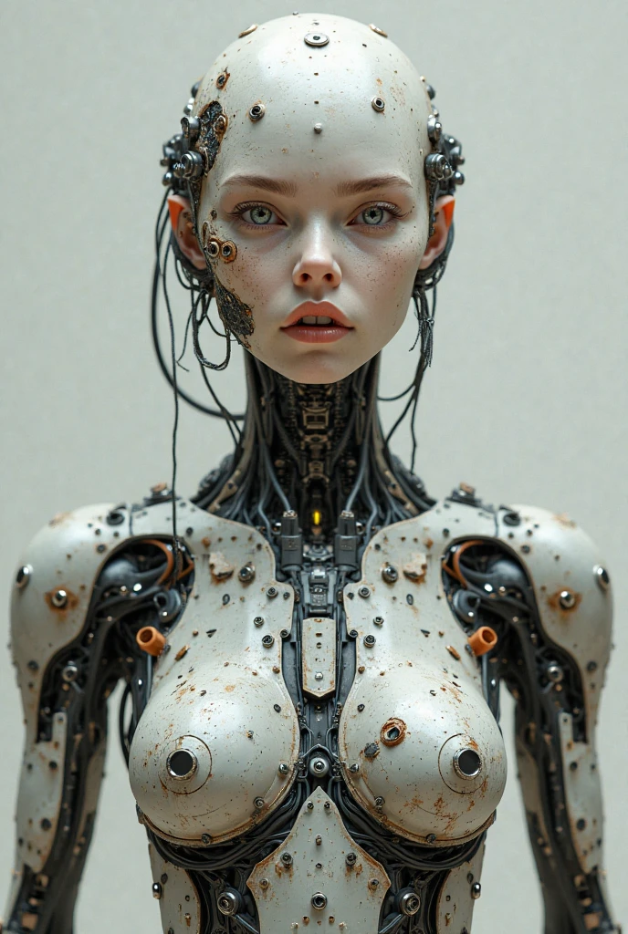 ((tmasterpiece))), (((Best quality at best))), ((ultra - detailed)), (CG illustration), ((Extremely Delicately Beautiful)),(Front view),light, ((1 mechanical boy)), the only person, Full body lesbian,(Machine joints:1.2),((Mechanical limb)),(The blood vessels are attached to the tube),(Mechanical spine fixed to the back),((The mechanical cervical vertebrae are attached to the neck)),(are standing),face expressionless,(Wires and cables around the neck:1.2),(wires and cables on head:1.2)(Character focus),sci-fy,Extremely fine,One color,The thinnest task completed is 30%