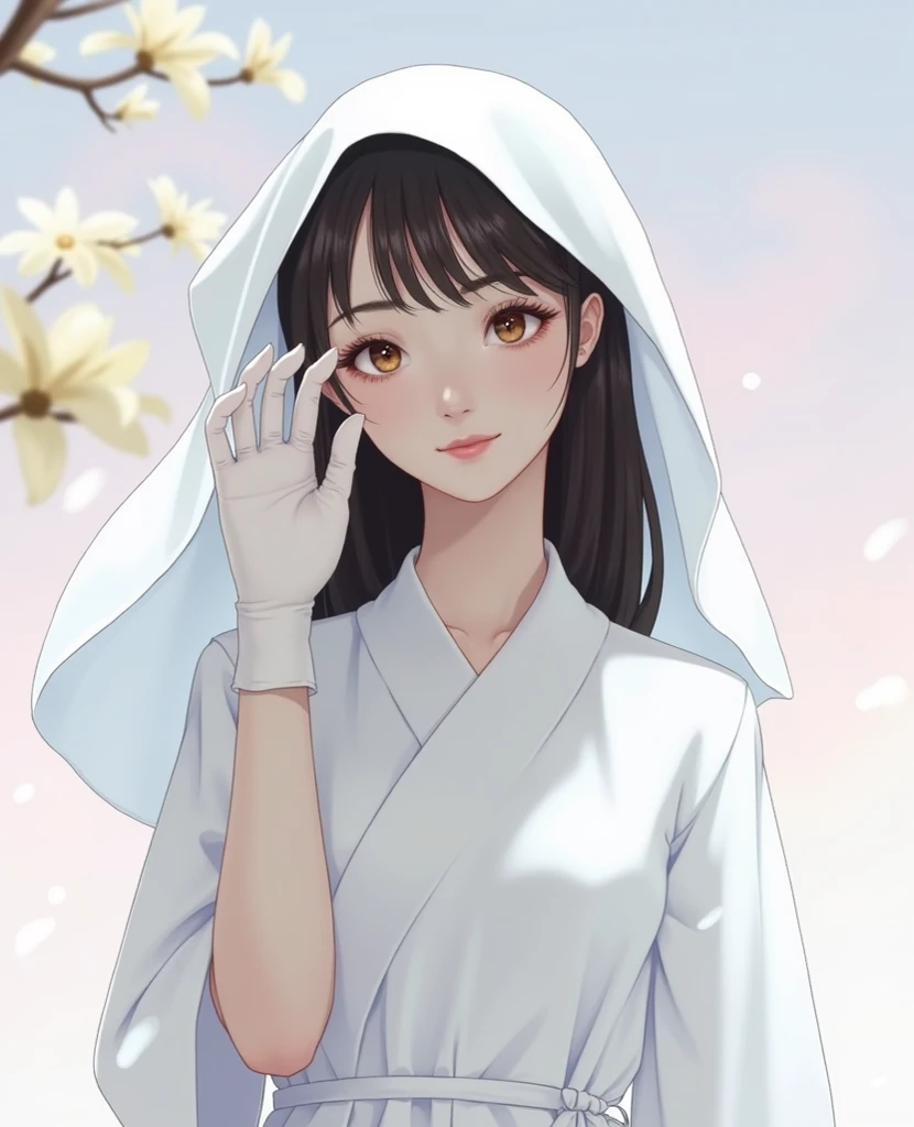 Color photos inspired by。close-up of a woman in a white hat and dress, Illustration by Torii Kiyomoto, Instagram , Tachismo, 白い Princess cutヘアスタイル, Chiho, Teshirogi Shiori , Princess cut, ❤🔥🍄🌪, shikamimi, Twin tails white_gloves, with a pretty face - pretty face