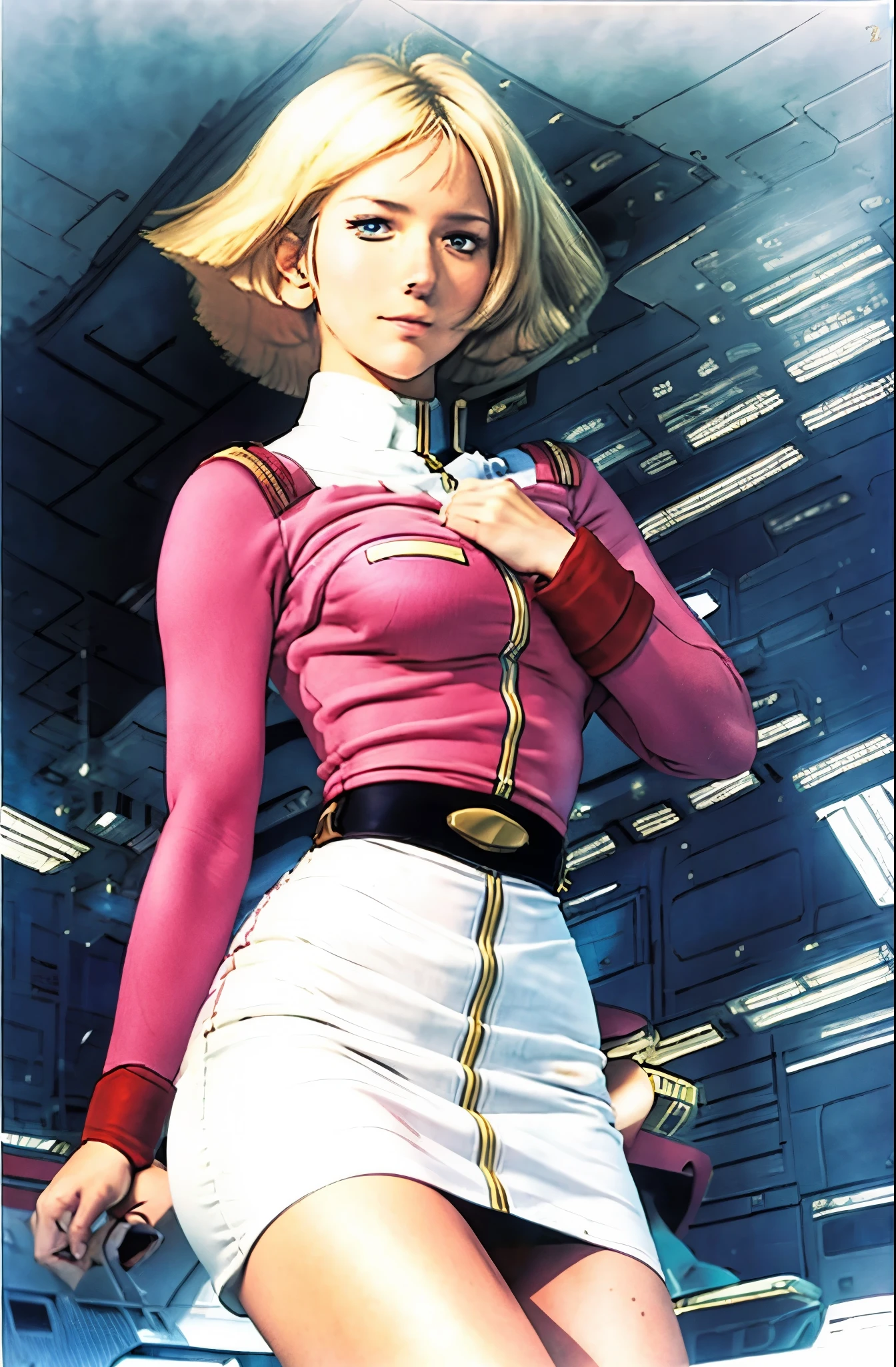 (RAWE Photo、highest quality、masterpiece:1.2、photorealistic:1.4、muste piece), Inside the spaceship、cybertech、SF、real photos、best image quality、real image、federal army uniform、Seira、pretty girl、18-year-old、(white pantieini skirt、beautiful thighs、Her red mini skirt is flipped up, revealing her white lace panties.