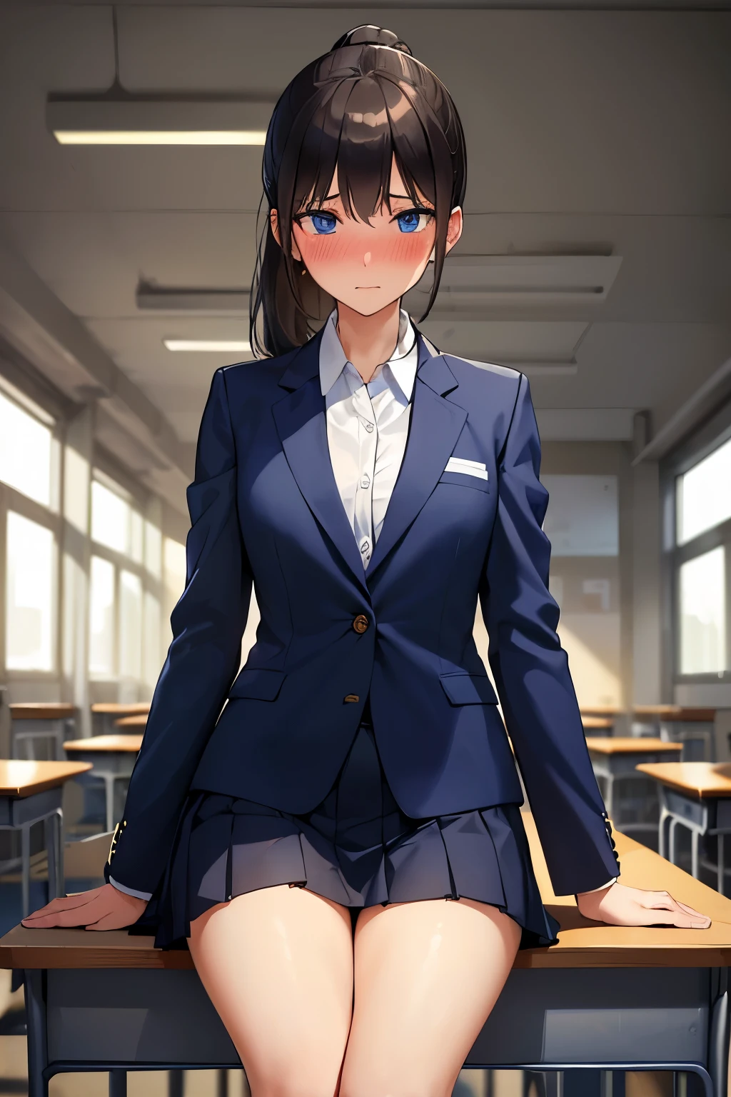 (top-quality、in 8K、32K、masterpiece、nffsw、超A high resolution、Impresionismo、Photorealsitic:1.2)、Colossal tits、cowboy shot, detailed faces and eyes、 Inside the classroom、Schools、Evening glow、beauitful face、blurry backround、16-year-old beautiful girl、shinny skin、short-hair、Beautiful blue hair、Blunt bangs、Black eyes、(Katyusha:1.2)、Open Dark Blue Blazer、White blouse、Red-white checked tie、Grey Check Pleated Mini Skirt、Curve、Stand on one knee、(Pink panties are visible:1.2)、Smile with open mouth、Opening legs