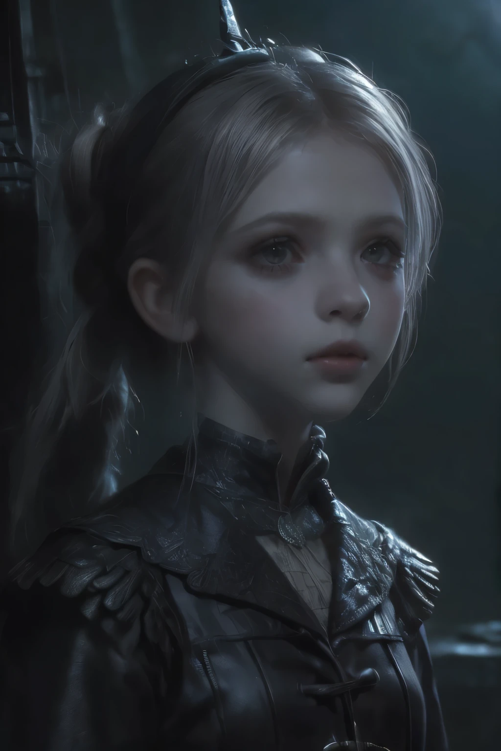 ((best quality)), ((masterpiece)), (detailed), score_9, score_8_up, score_7_up, score_6_up, (1girls), a female occultic knight, witch, knight, wielding a rapier-like sword, perfect face (((mastepiece, of the highest quality, super detailed))), photorealistic, Dark fantasy art, dark fantasy, ((gothic art)), ((Bloodborne inspired)), (Victorian era inspired), (Brotherhood Of The Wolf inspired), (typical witches hat sharing design features of a hunter's cap), (leather trousers with buckles and belts), (occultic vibe), (cosmic horror vibe), (occultic military uniform), (military witch), ((intricate and beautiful cloth and leather clothing)), (regal and elegant, a person of great social importance), ((mature, foreboding atmosphere)), ((dark and gloomy)), ((((Highly detailed face)))), small thin nose, Small thin lips mouth, (((Very sharp focused eyes))), ((perfect symmetrical beautiful eyes)). looking here, (resolved expression), (resolute expression), (sad face), beautiful (((very small breasts))), (((little boobs))), (((tiny breasts))), (((flat chest:0.1))), (((very tiny boobs))), (((very flat chested))), ((brunette)) hair, ((long ponytail, thick ponytail, heavy ponytail)), very long eyelashes, soft lighting