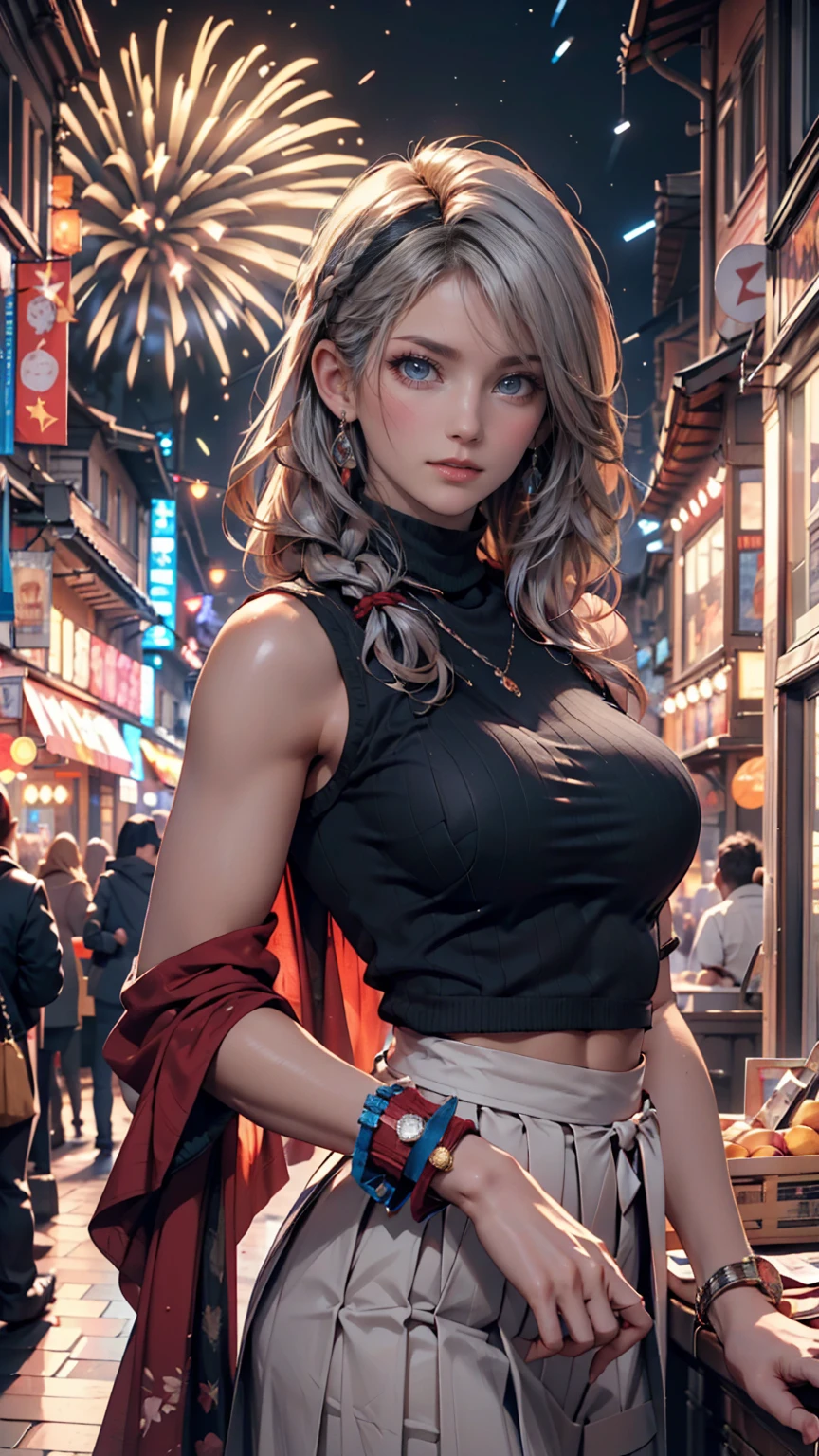 (ultra realistic,32k, masterpiece:1.2),(high detailed skin:1.1),( 8k uhd, dslr, high quality:1.1),
<lora:scherazard-nvwls-v2:0.7>scherazard,silver hair,long hair, hair tied back, braid down, hairband, hoop earrings, forehead jewel, necklace, crop top, cleavage, sarong, bridal gauntlets,, <lora:add_detail:0.83>, (huge breast:0.9),
(looking at viewer, standing, from below:1.1),,
,(glow in the dark:1.1),hovercar racing circuit, anti-gravity races, high-speed maneuvers, neon-lit tracks, adrenaline-fueled competition