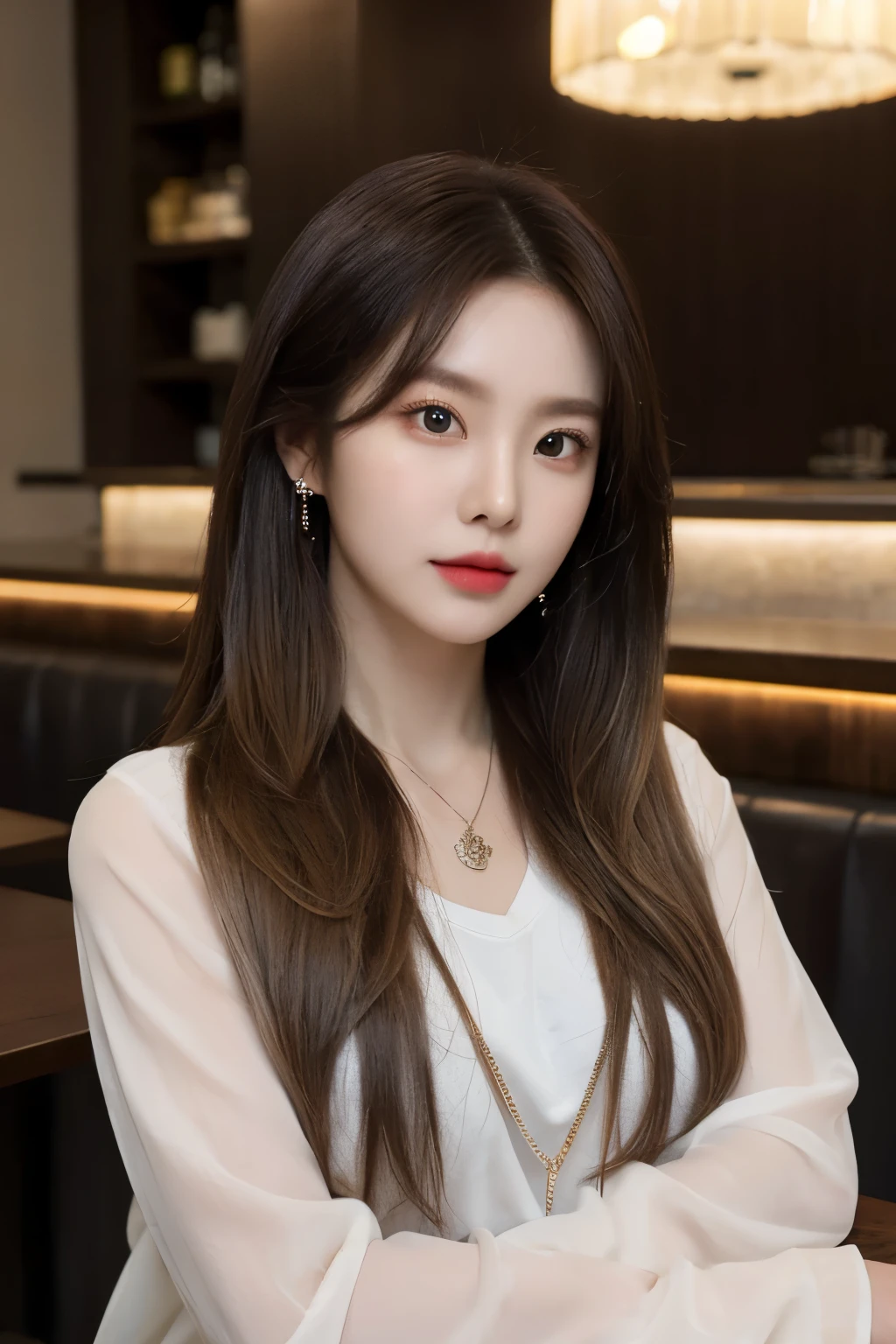 ((Masterpiece, high quality, super detailed, 4k, RAW Photo)), 1 girl, straight hair with layers, ((brown ombre hair)), Perfect face, thin face, ((lying silkworm eyes)), shinny skin, long sleeve t-shirt, in modern restaurant, look at the camera, slim body, perfect eyes, big nose, wearing necklace with pendant, earings