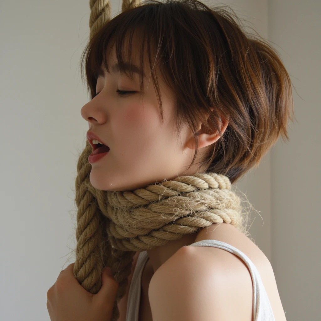 ((highest quality, 8k, masterpiece, sharp focus, 35mm lens, f/0.8)),裸のスレンダー女性が赤いロープでbinding付けられる,floating suspended from the ceiling, can'It's me so I don't move'I'm hanging by my arms and legs.、full body shot、smooth soft skin, dreamy big eyes, beautiful complex colored hair, symmetrical, Big Eyes in Anime, wrapped in hemp rope, torture、binding、