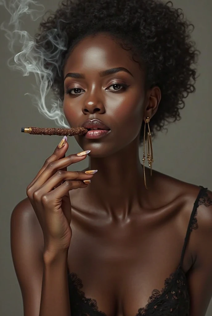 Beautiful black ebony girl, sexy body, 1920s silver loose dress, 1920s jewelry and accessories, 1920s cigar, photo studio, professional, modeling, smiling