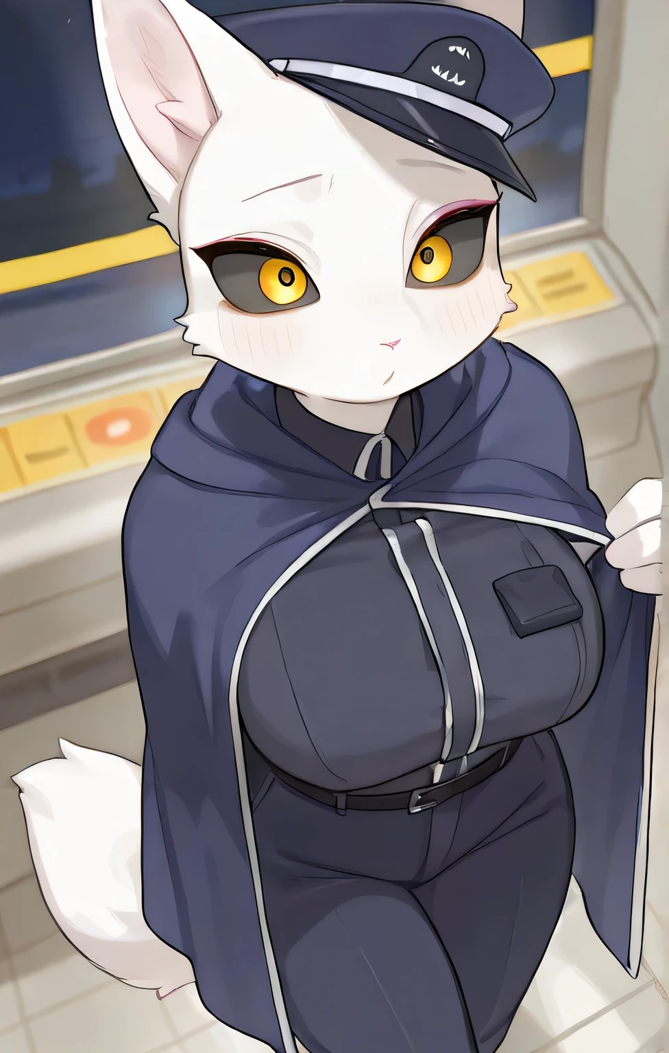in, top quality, masterpiece、female furry、Fantasy station at night、Station Manager 、hat、pants、Right Hand of the Machine 、Pale White Fur 、Navy blue cloak、yellow eyes all the way to the tip