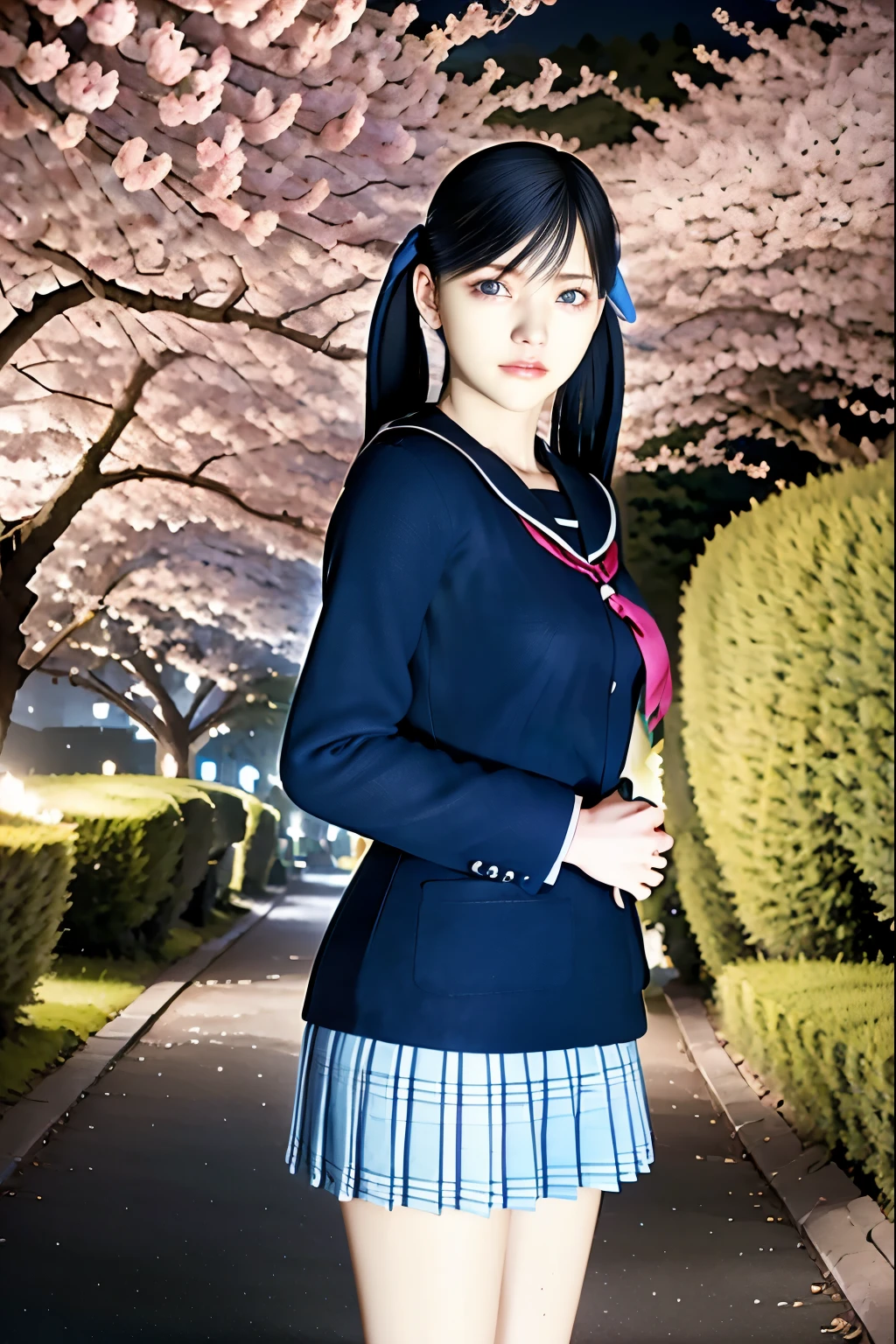 (8k, Highest quality , masterpiece:1.2), ( realistic, photo- realistic:1.37), runs on a very detailed, Highest quality , Super Fine, Professional Light , photon mapping , radiosity, represents a spectacular natural landscape with physics-based rendering, cinematic lights , Late night road, Letter Frame Depth , sharp concentration ,sunshine, Good composition,(Bokeh:1.2) 1 girl, alone,(full body), ( She closed her mouth ), Beautiful and Cute Eyes , temporarily stop, thin waist, Hand job for a Japanese high school girl , black hair, Messy Hair, long hair ,Sailor、女子高校生のSailor服、