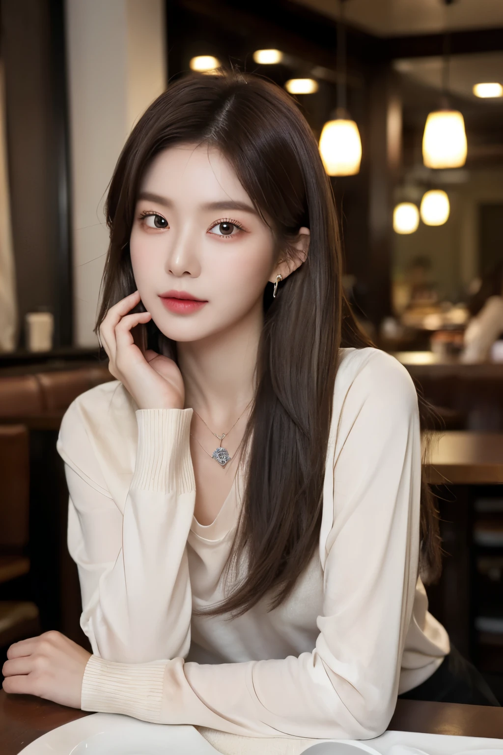 ((Masterpiece, high quality, super detailed, 4k, RAW Photo)), 1 girl, straight hair with layers, ((brown ombre hair)), Perfect face, thin face, ((lying silkworm eyes)), shinny skin, long sleeve t-shirt, in modern restaurant, look at the camera, slim body, perfect eyes, big nose, wearing necklace with pendant, earings