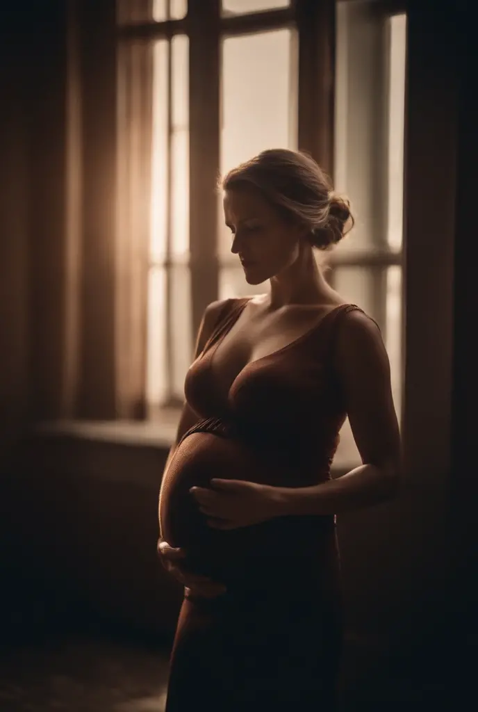 A stunning profile portrait of Neo, holding Trinity from the Matrix, she is pregnant, holding her belly, young and beautiful, hyper realistic, real portrait, backlit, exquisite features, cleavage, sexy, seductive, natural light, soft light, romantic, neo 2 people: neo and trinity