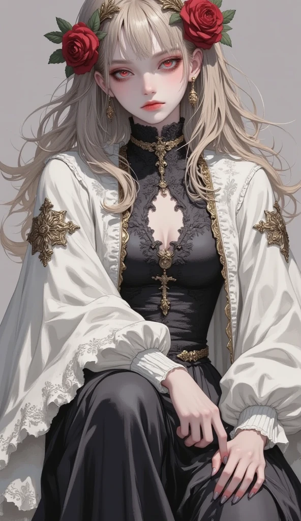 high quality、 oconnor 、 masterpiece、 exhaustive、 Poses with movement、very beautiful woman woman 、 masterpiece、 high quality、high resolution, 最 high quality, , High fashion pose with movement, heavy makeup,hair fluttering in the wind, black long dress、red rose theme , gothic,Villainous Daughter,White Cape, upper body close-up, heavy makeup, long hair, とても long hair, red eyes, simple background, high resolution, masterpiece, anatomically correct, has won numerous awards, 最high quality, high detail, hair fluttering in the wind, Double Vertical Roll, wearing a flower crown,