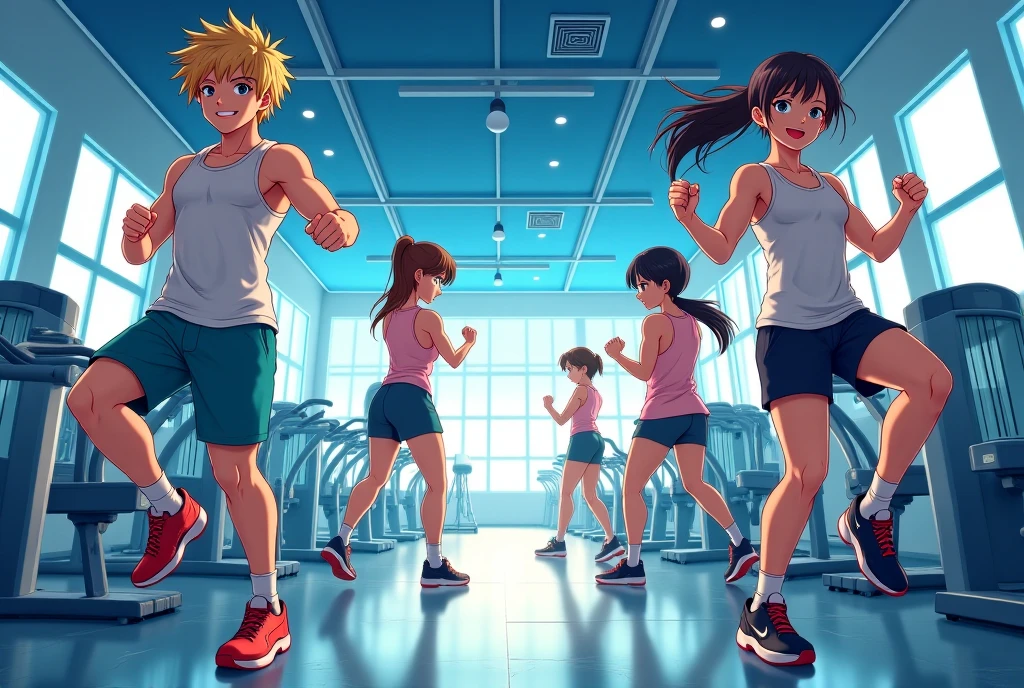 Cartoon Style，background a gym, hedonic treadmill, healthy, Plenty of light, Natural soft lighting,there are many people on exercise bikes in a 健身房，