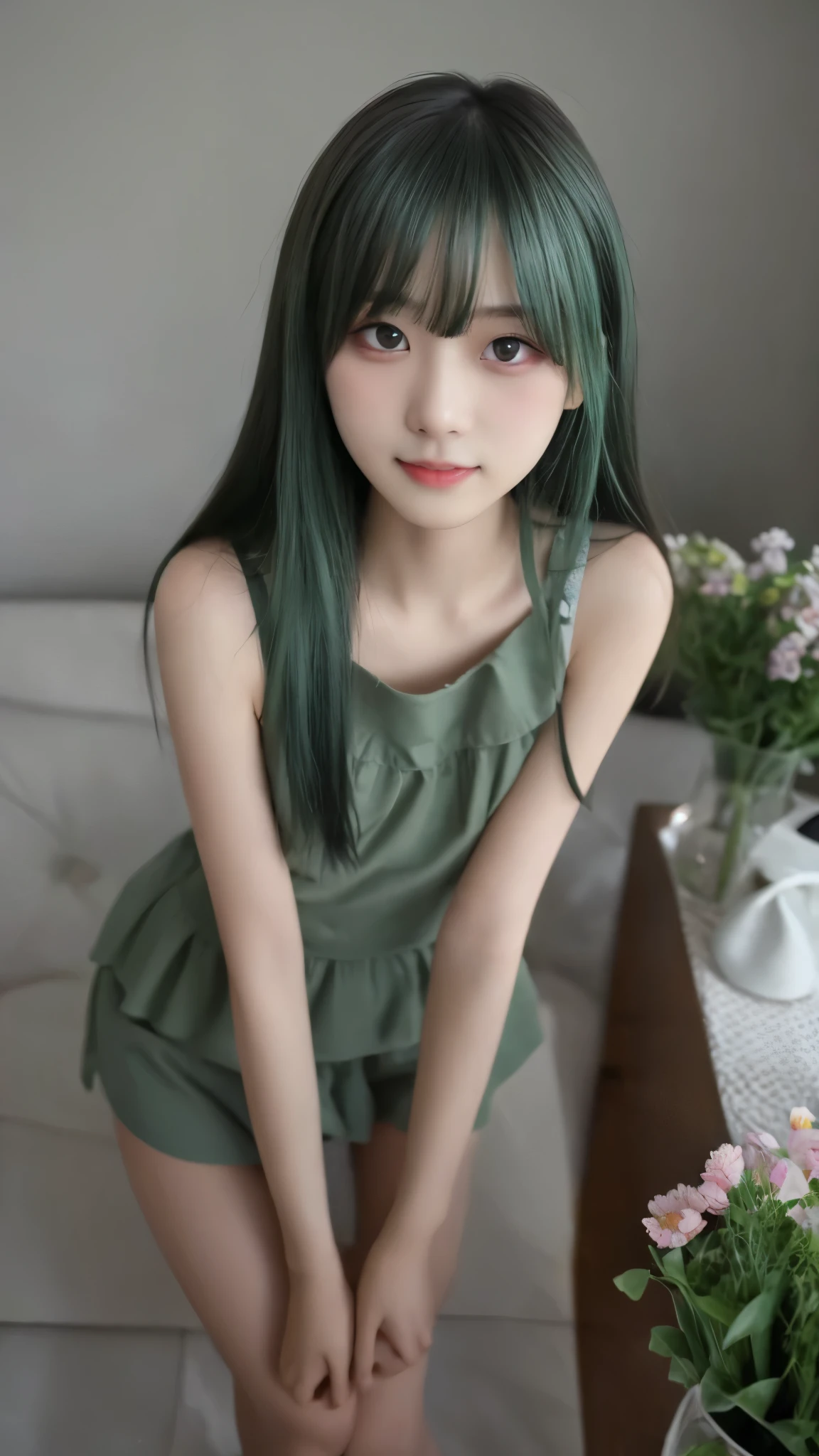 high resolution,超high resolution,8k,ultra high definition,Highest quality, masterpiece, Super Fine Paintings ,detailed description,1 girl, upper body,((素敵な髪型, green hair)),(Small beautiful breasts, Upward bust), similarly ,glowing neon lights, intermediate shot,Fujifilm X-T4 + 23mm f/2 Lenses,dusk,Flower Farm,viewers, ( detailed legs:1.3, thinner thighs, beautiful feet:1.2), ( detailed hands:1.3, perfect right hand:1.2), ( Detailed Eyes and Faces :1.2, Professional Shooting Techniques , Professional lighting techniques ), (((Restraints on both arms)))