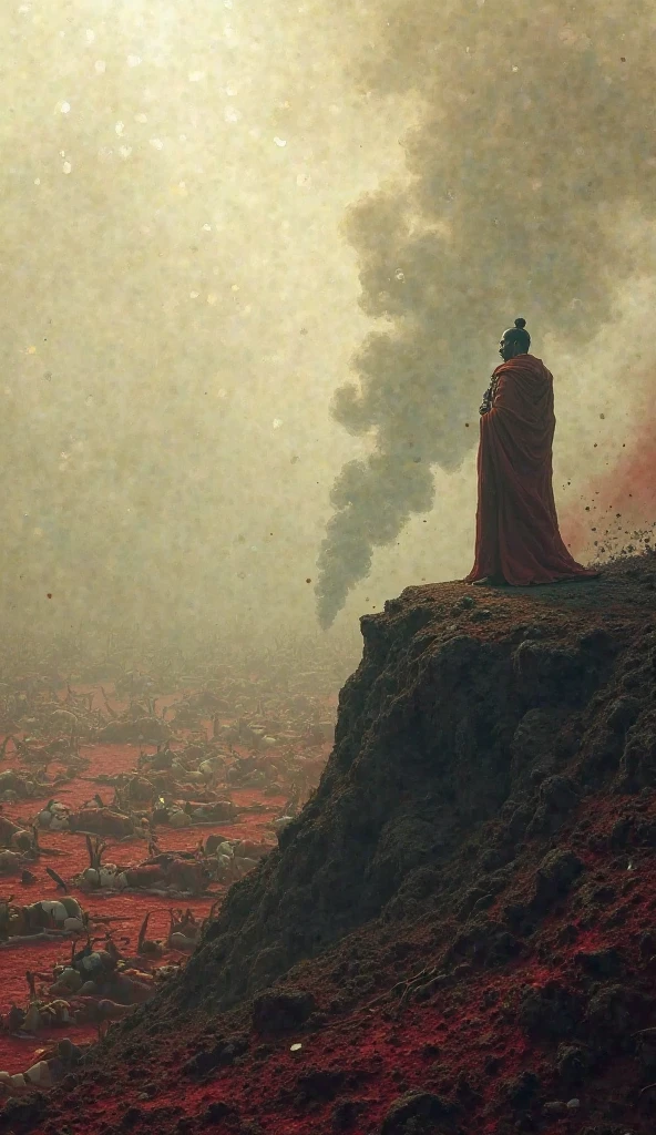 A battlefield covered with fallen soldiers, blood-stained earth, and smoke in the air. Emperor Ashoka stands on a hill, looking down in sorrow, his face reflecting deep regret.