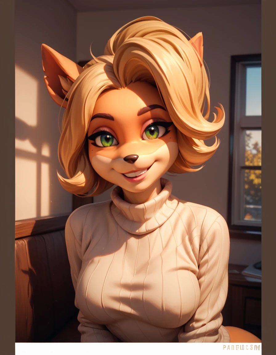 (Best quality,4k,a high resolution),(realistic:1.37),ultra detailed,(Bright colors),Furry Anthro Bandicoot Girl,wear a sweater,Beautiful face,detailed eyes,smiling,Soft lighting, sexy dark character ,
