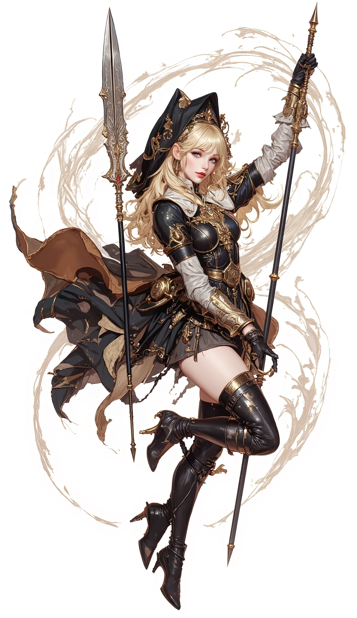 (Masterpiece:1.5,Top Quality:1.3,Amazing Quality:1.3), (Anime Character), ((nsfw)), Solo, Full Length, Chiara, 1 Girl, ((Sexy cute woman:1.5)), White Skin, Silver Gauntlets, Silver Boots, Western sexy Armor, Shining Clothes, gleaming decorations, ((with big spear type weapon:1.6)), ((sword dance:1.5)), (sexy&fighting pose:1.2), (Wielding a weapon:1.5),pulsatile, The best of the Middle Ages, Female warrior, ready to fight, glamorous, blond hair, gothic dress, muscular body, sophisticated and glittering medieval armor, beautiful, very precise and delicate animation, vivid colors, unreal world, fantasy delusion, ((full body view)), (((not background, White background))),
