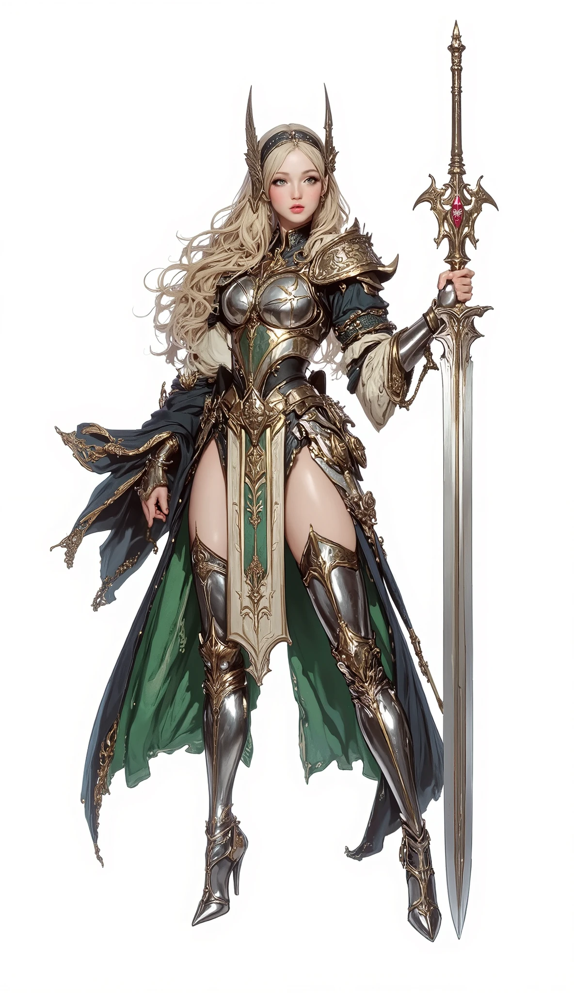 (Masterpiece:1.5,Top Quality:1.3,Amazing Quality:1.3), (Anime Character), ((nsfw)), Solo, Full Length, Chiara, 1 Girl, ((Sexy cute woman:1.5)), White Skin, Silver Gauntlets, Silver Boots, Western sexy Armor, Shining Clothes, gleaming decorations, ((with big spear type weapon:1.6)), ((sword dance:1.5)), (sexy&fighting pose:1.2), (Wielding a weapon:1.5),pulsatile, The best of the Middle Ages, Female warrior, ready to fight, glamorous, blond hair, gothic dress, muscular body, sophisticated and glittering medieval armor, beautiful, very precise and delicate animation, vivid colors, unreal world, fantasy delusion, ((full body view)), (((not background, White background))),