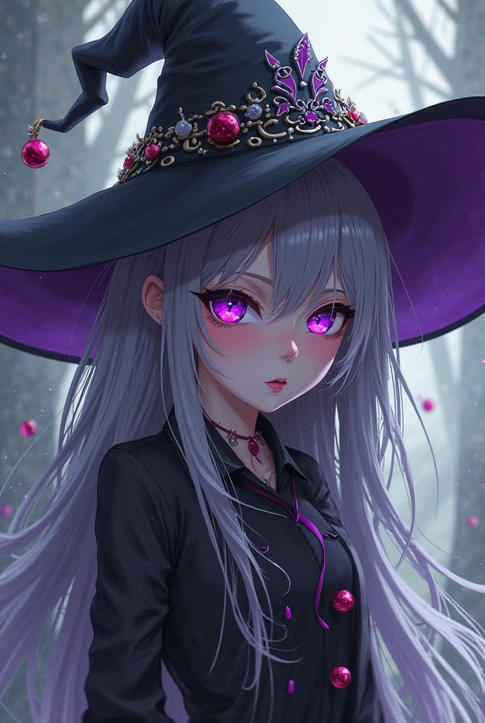 (best quality), ultra res, highly detailed, turned at viewer, anime style, (face shoot), medium length hair, white hair with lilac at the ends, black bikini, (looking at viewer), pink heart necklace, straight hair, black clothes, witch style, black hat.