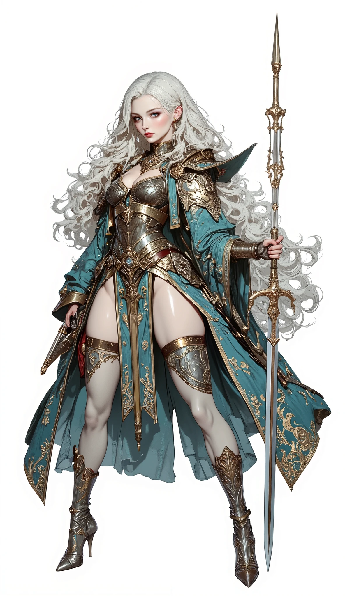 (Masterpiece:1.5,Top Quality:1.3,Amazing Quality:1.3), (Anime Character), ((nsfw)), Solo, Full Length, Chiara, 1 Girl, ((Sexy cute woman:1.5)), White Skin, Silver Gauntlets, Silver Boots, Western sexy Armor, Shining Clothes, gleaming decorations, ((with gigantic spear type weapon:1.6)), ((sword dance:1.5)), (sexy&fighting pose:1.2), (Wielding a weapon:1.5),pulsatile, The best of the Middle Ages, Female warrior, ready to fight, glamorous, blond hair, gothic dress, muscular body, sophisticated and glittering medieval armor, beautiful, very precise and delicate animation, vivid colors, unreal world, fantasy delusion, ((full body view)), (((not background, White background))),