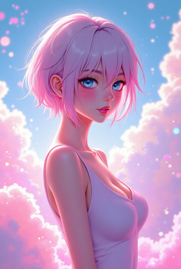 score_9, score_8_up, score_7_up,source_anime, high res image,masterpiece,best quality,girl,cute face,clear skin,white hair,short hair,pink eyes,tanktop,inner_pink_hair,simple_background,vaginal,cleavage,armpit,