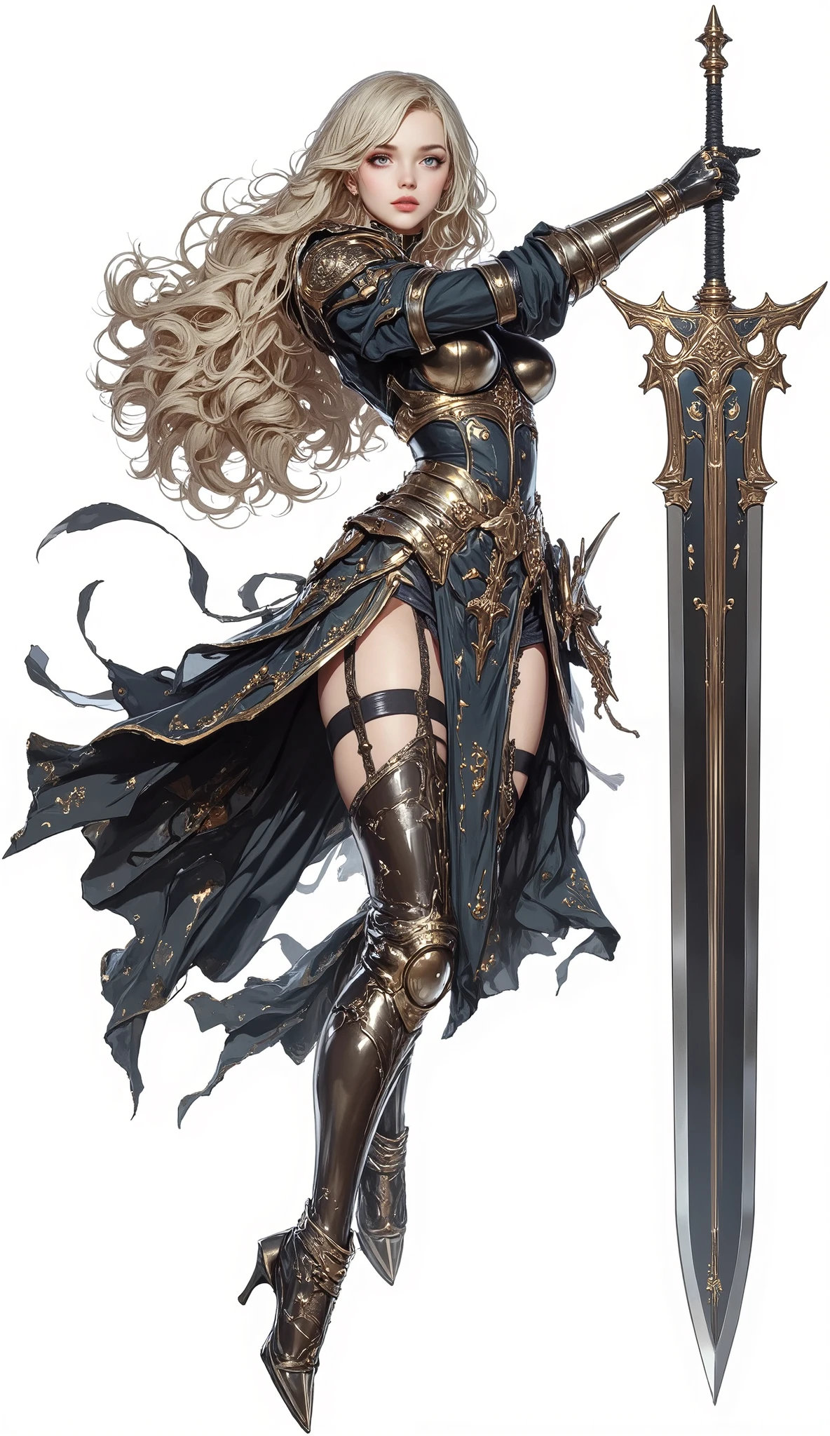 (Masterpiece:1.5,Top Quality:1.3,Amazing Quality:1.3), (Anime Character), ((nsfw)), Solo, Full Length, Chiara, 1 Girl, ((Sexy cute woman:1.5)), White Skin, Silver Gauntlets, Silver Boots, Western sexy Armor, Shining Clothes, gleaming decorations, ((with gigantic Claymore weapon:1.6)), ((sword dance:1.5)), (sexy&fighting pose:1.2), (Wielding a Claymore weapon:1.5),pulsatile, The best of the Middle Ages, Female warrior, ready to fight, glamorous, blond hair, gothic dress, muscular body, sophisticated and glittering medieval armor, beautiful, very precise and delicate animation, vivid colors, unreal world, fantasy delusion, ((full body view)), (((not background, White background))),