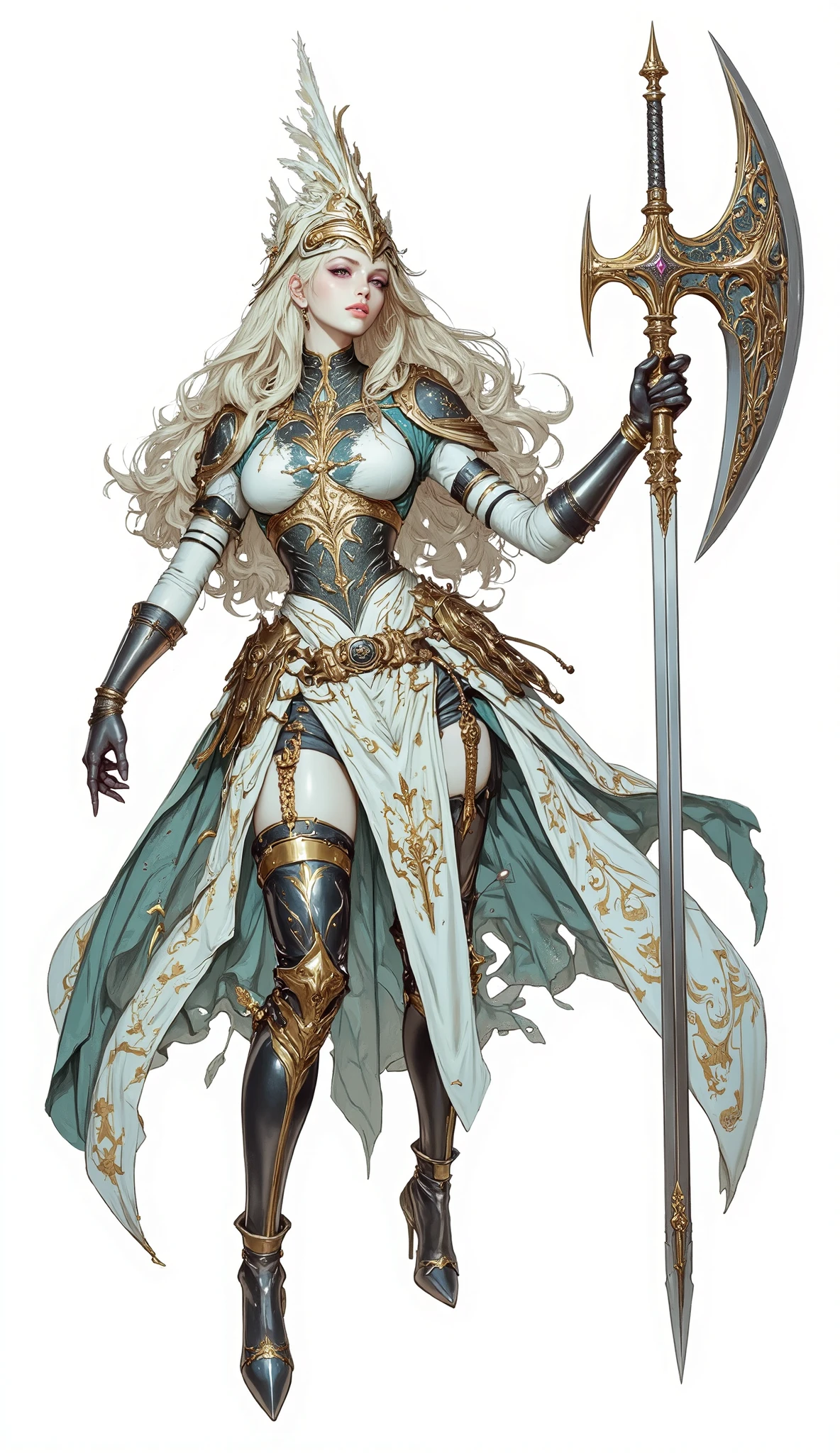(Masterpiece:1.5,Top Quality:1.3,Amazing Quality:1.3), (Pulsating stance), (Anime Character), ((nsfw)), Solo, Full Length, Chiara, 1 Girl, ((Sexy cute woman:1.5)), White Skin, Silver Gauntlets, Silver Boots, Western sexy Armor, Shining Clothes, gleaming decorations, ((with gigantic  Axe type weapon:1.6)), ((sword dance:1.5)), (Wielding a Axe weapon:1.5),pulsatile, The best of the Middle Ages, Female warrior, ready to fight, glamorous, blond hair, gothic dress, muscular body, sophisticated and glittering medieval armor, beautiful, very precise and delicate animation, vivid colors, unreal world, fantasy delusion, ((full body view)), (((not background, White background))),