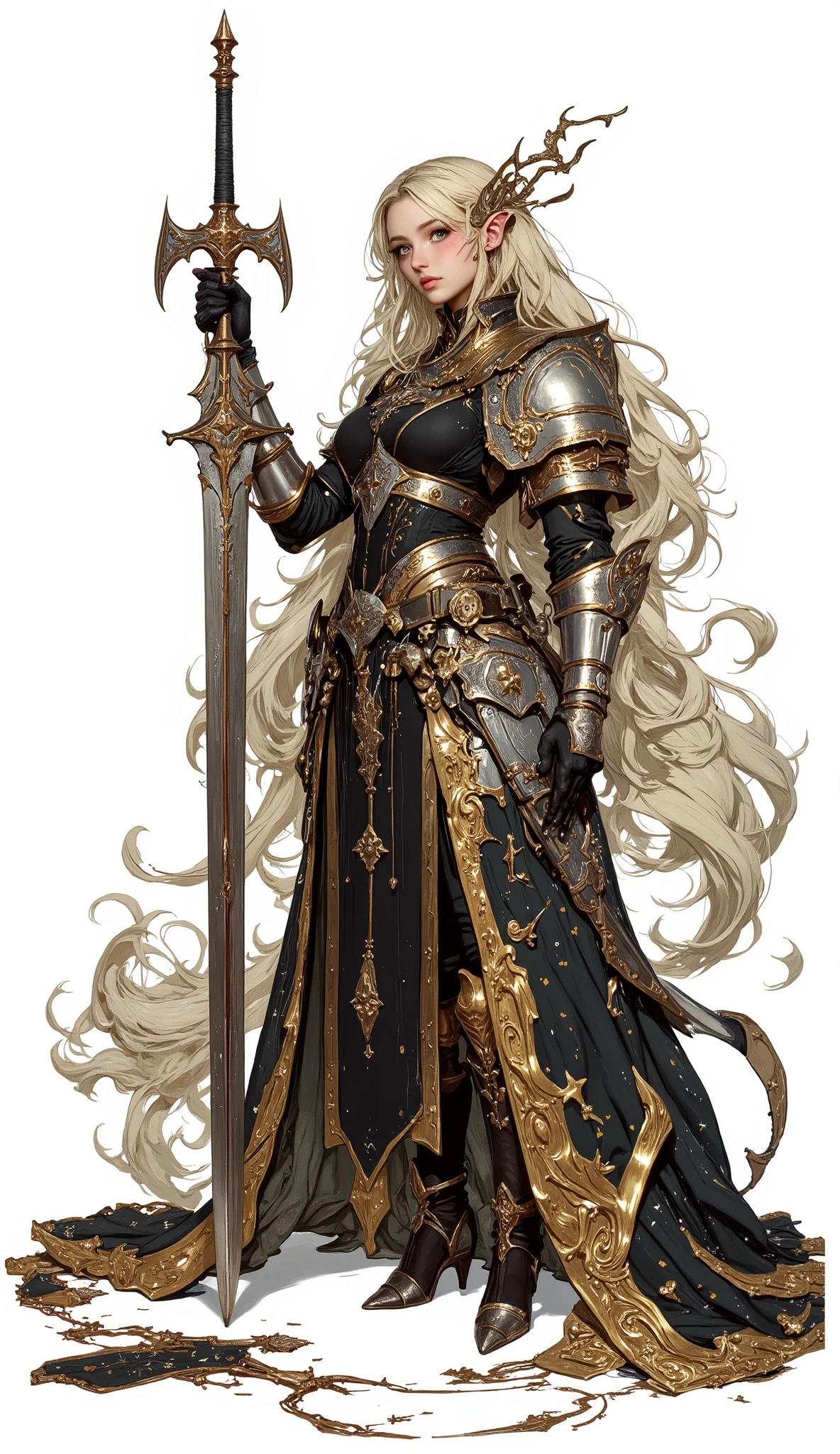 (Masterpiece:1.5,Top Quality:1.3,Amazing Quality:1.3), (Pulsating stance), (Anime Character), ((nsfw)), Solo, Full Length, Chiara, 1 Girl, ((Sexy cute woman:1.5)), White Skin, Silver Gauntlets, Silver Boots, Western sexy Armor, Shining Clothes, gleaming decorations, ((with gigantic Claymore weapon:1.6)), ((sword dance:1.5)), (sexy&fighting pose:1.2), (Wielding a Claymore weapon:1.5),pulsatile, The best of the Middle Ages, Female warrior, ready to fight, glamorous, blond hair, gothic dress, muscular body, sophisticated and glittering medieval armor, beautiful, very precise and delicate animation, vivid colors, unreal world, fantasy delusion, ((full body view)), (((not background, White background))),