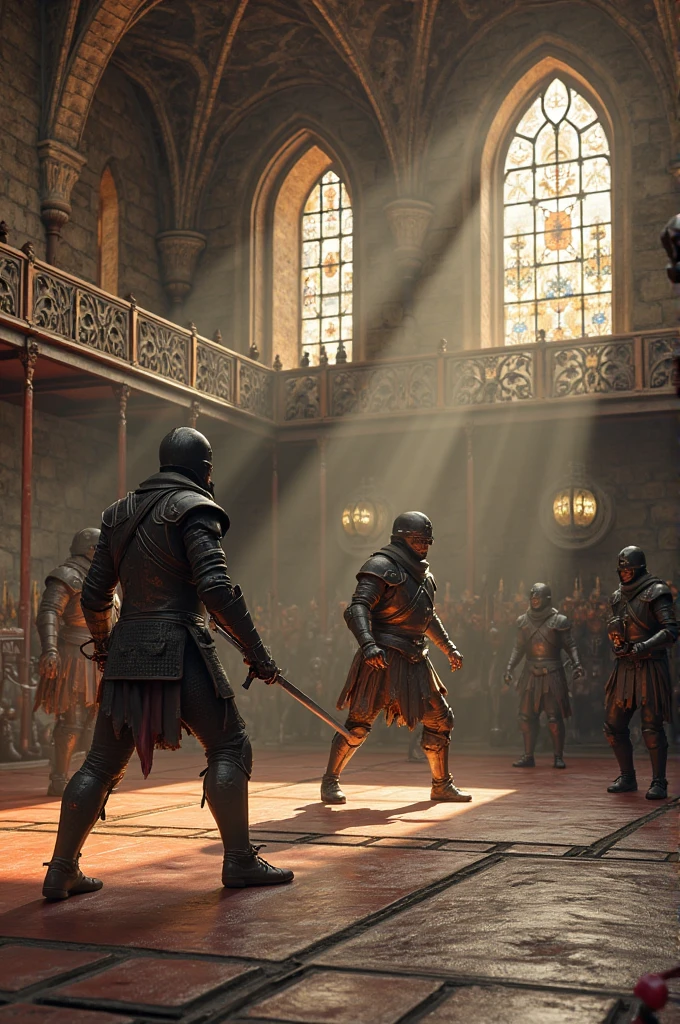 Dark medieval tall ballroom with rosette window in the middle, shadows, light rays from above, highly detailed
