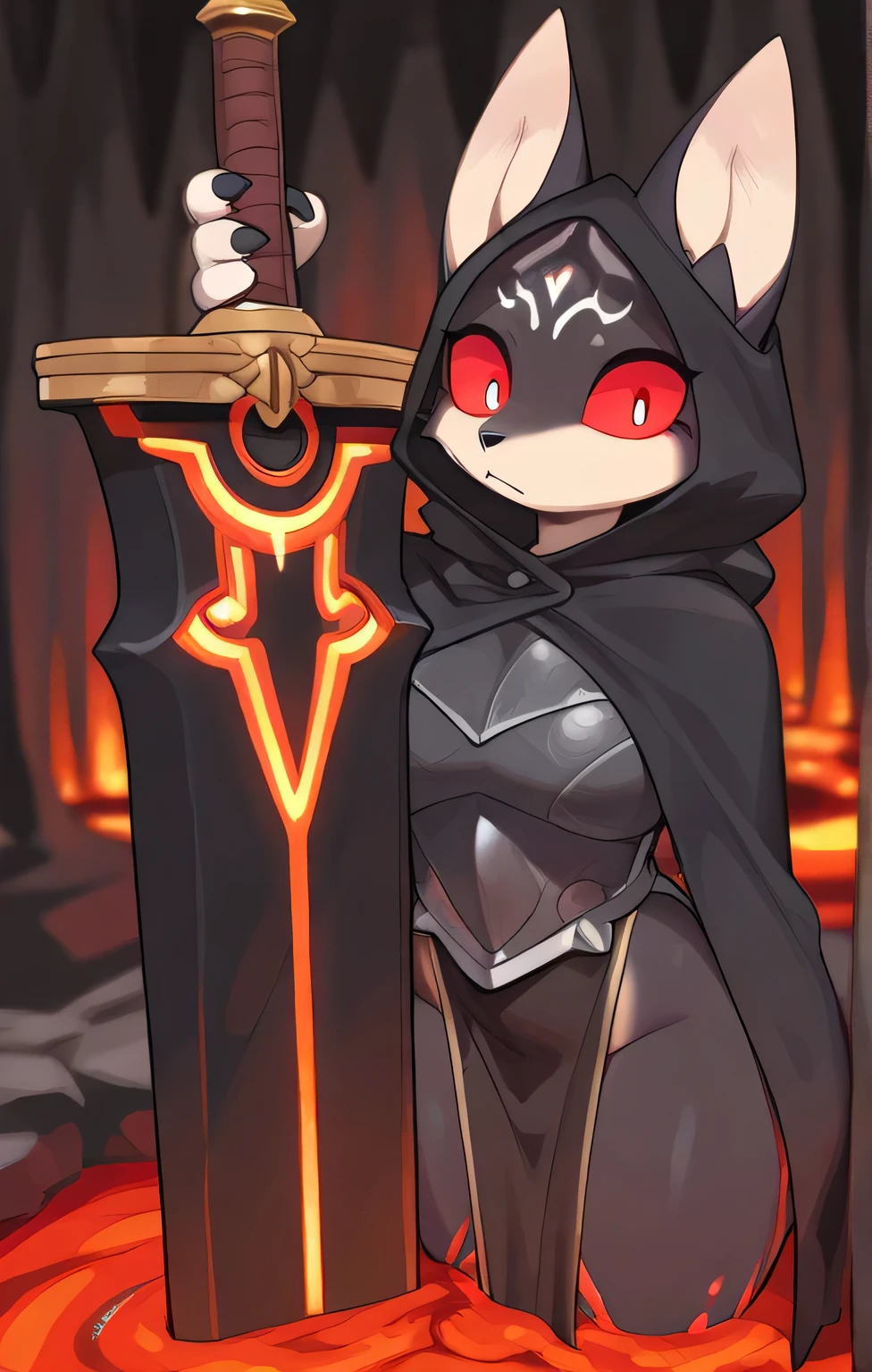in, top quality, masterpiece、female furry、 lava cave 、 Demon King、Black Cloak、Lord of the Furnace、 red eyes、black thorn armor、Great Sword