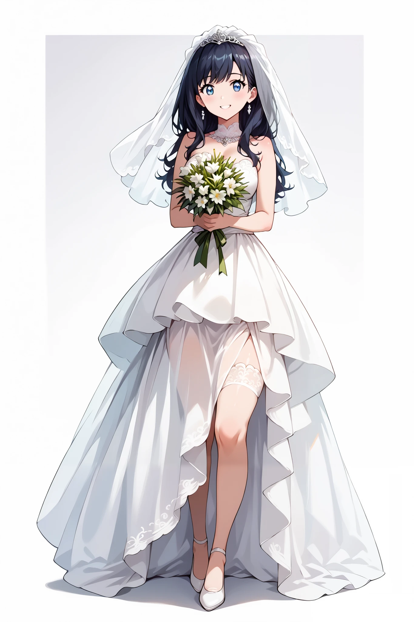score_9, score_8_up, score_7_up, source_anime, 4K,perfect fingers,(perfect hands, perfect anatomy),prefect lighting, very aesthetic, intricate details,highly detailed background, masterpiece, high quality, best quality,
rikka takarada, black hair, blue eyes, long hair, large breasts,, 
wearing ((wedding dress,(White translucent silk hood:1.3),(Exquisite fabric,Ren Hao:1.4),(white lace skirt,bride costume,:1.5),(white lace wedding dress:1.5),)),
((White plain background:1.5)) , looking at viewer, smile, (perfect hands, perfect anatomy),cowboy shot, filed, high thigh individual , fullbody,Stand up,((front look:1.5)),(Holding a bouquet of white flowers in both hands:1.5), (Hands hide with flowers), 