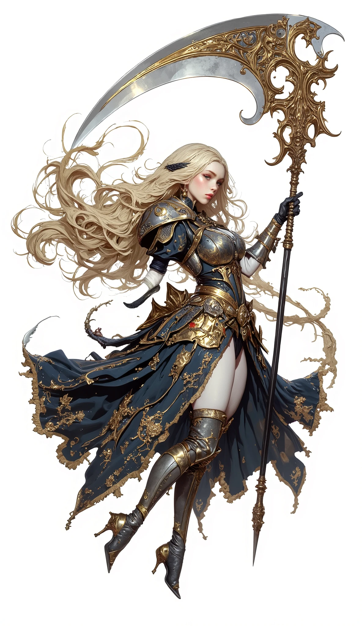 (Masterpiece:1.5,Top Quality:1.3,Amazing Quality:1.3), (Pulsating stance), (Anime Character), ((nsfw)), Solo, Full Length, Chiara, 1 Girl, ((Sexy cute girl:1.5)), White Skin, Silver Gauntlets, Silver Boots, Western sexy Armor, Shining Clothes, gleaming decorations, ((with gigantic Axe type weapon:1.6)), ((sword dance:1.5)), (Wielding a Axe weapon:1.5),pulsatile, The best of the Middle Ages, Female warrior, ready to fight, glamorous, blond hair, gothic dress, muscular body, sophisticated and glittering medieval armor, beautiful, very precise and delicate animation, vivid colors, unreal world, fantasy delusion, ((full body view)), (((not background, White background))),