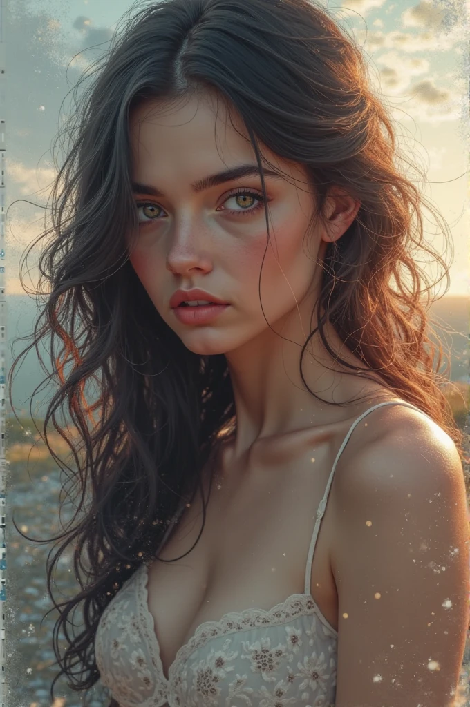 Brown hair, Surrealism, 8k, super detail, teen body, open mouth, wide arms,wavy hair, small bust, 1 girl, masterpiece, photorealistic