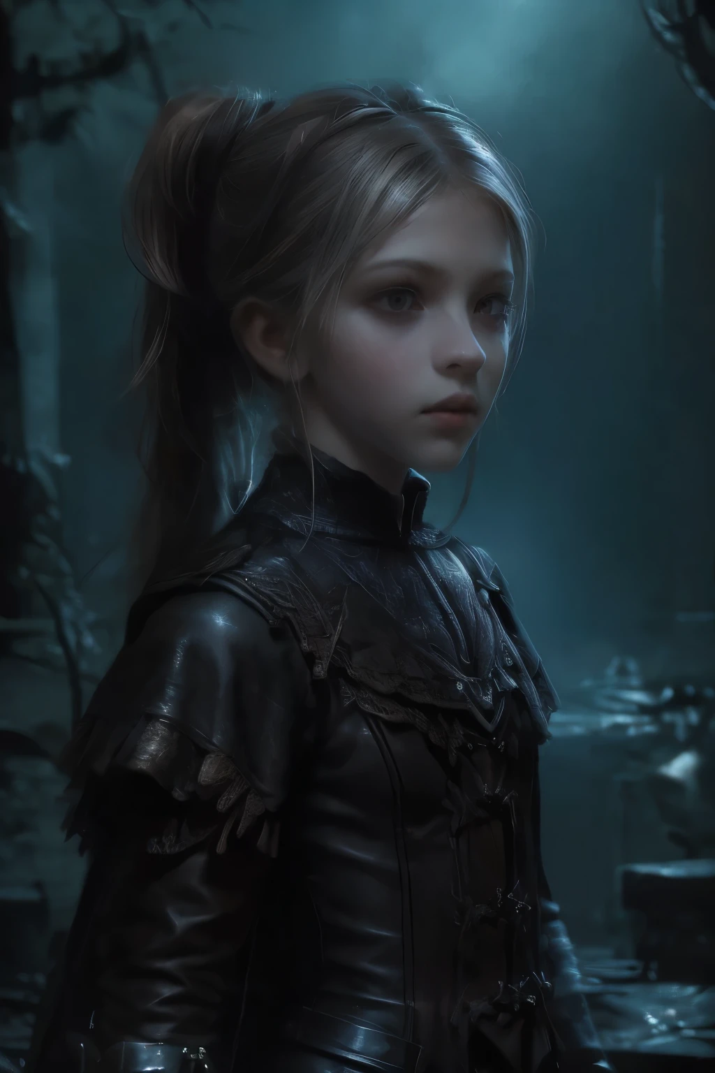 ((best quality)), ((masterpiece)), (detailed), score_9, score_8_up, score_7_up, score_6_up, (1girls), a female occultic knight, witch, knight, wielding a rapier-like sword, perfect face (((mastepiece, of the highest quality, super detailed))), photorealistic, Dark fantasy art, dark fantasy, ((gothic art)), ((Bloodborne inspired)), (Victorian era inspired), (Brotherhood Of The Wolf inspired), (typical witches hat sharing design features of a hunter's cap), (leather trousers with buckles and belts), (occultic vibe), (cosmic horror vibe), (occultic military uniform), (military witch), ((intricate and beautiful cloth and leather clothing)), (regal and elegant, a person of great social importance), ((mature, foreboding atmosphere)), ((dark and gloomy)), ((((Highly detailed face)))), small thin nose, Small thin lips mouth, (((Very sharp focused eyes))), ((perfect symmetrical beautiful eyes)). looking here, (resolved expression), (resolute expression), (sad face), beautiful (((very small breasts))), (((little boobs))), (((tiny breasts))), (((flat chest:0.1))), (((very tiny boobs))), (((very flat chested))), ((brunette)) hair, ((long ponytail, thick ponytail, heavy ponytail)), very long eyelashes, soft lighting