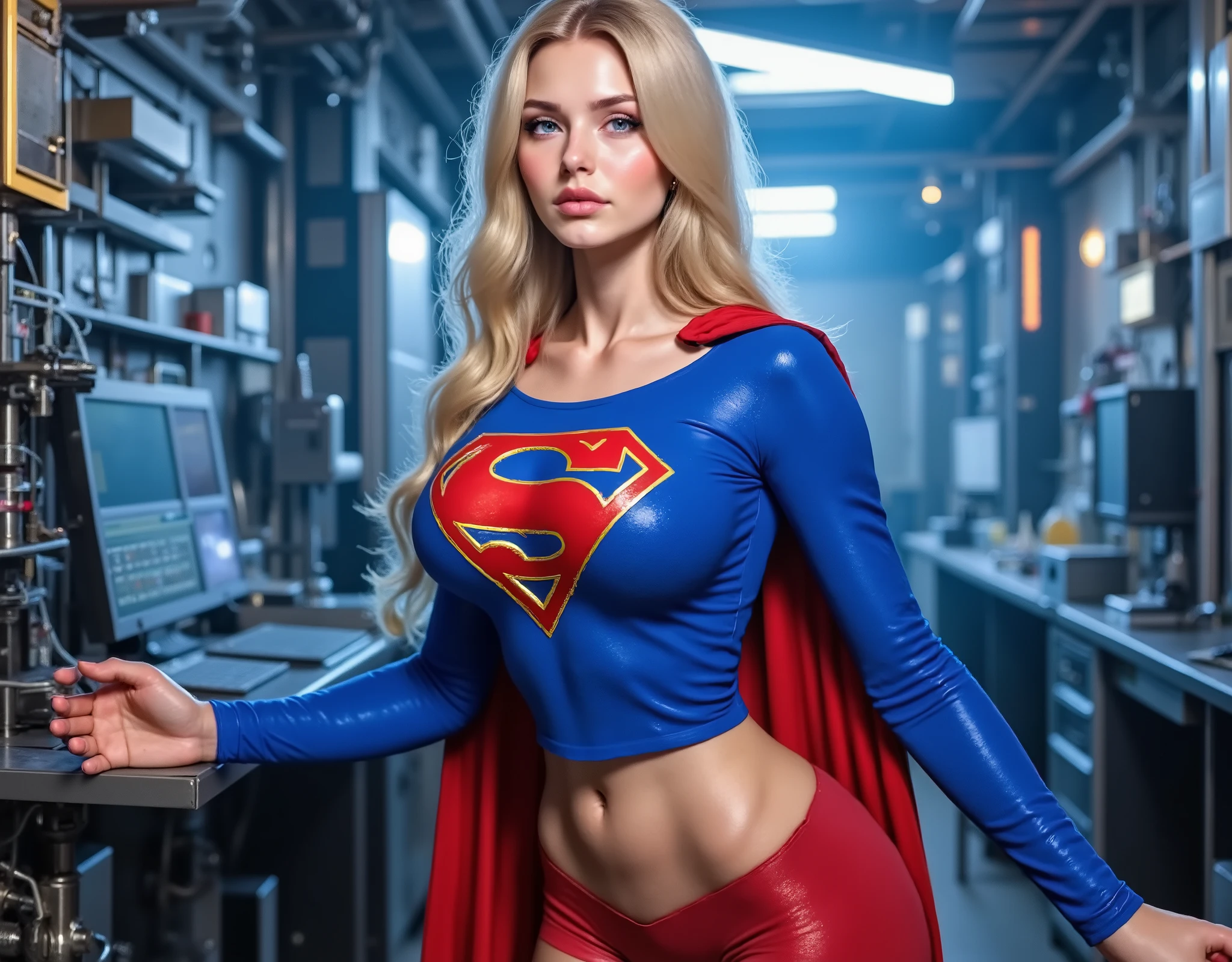 (long shot:1.3),intensely erotic image, male gaze, male sex fantasy, (high tech laboratory:1.5),intricate background,highly detailed background, DC comics Supergirl, BREAK (full body:1.5),(1girl),(extremely young), (elemtary school age),stunningly beautiful face, big round blue eyes, light pale blue eyes, long blonde hair, sexy, sexual, BREAK ((THE STORY OF SUPERGIRL), STANDING, LEANING OVER SEDUCTIVELY, WEARING A SEXY SUPERGIRL COSTUME AND CAPE (SUPERGIRL COSTUME WITH LOW NECKLINE AND DEEP DECOLLETAGE):1.3), LIGHT PALE BLUE EYES, BREAK extremely huge breasted busty Supergirl, lean, muscular, muscular shoulders, muscular arms. slim waist, (extremely large bimbo style fake tits), BREAK ((ultra huge breasts:1.5)),((extremely huge breasted girl:1.5)),((busty girl:1.5)),((long deep full overflowing cleavage:1.5)),(huge breasts squeezed together:1.5),BREAK huge breast fantasy trending on DeviantArt, Kelly Madison,Russ Meyer,David Hamilton,Russell James,Amber Asaly,Sony Alpha 7 IV camera,85mm lens,32K UHD,ultra high resolution digital image,highly detailed,deepDOF,Realistic. 8k. Qos, Best quality, Masterpiece , high definition, socmed