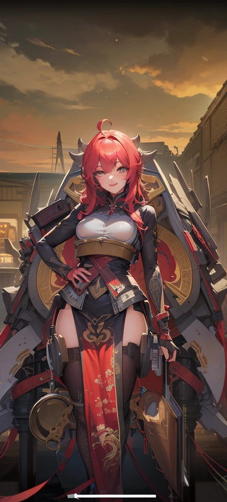 full body shot, High angle, best quality, extremely detailed, 8K, focus on background, dystopian society, manga, anime, watercolor, steampunk, masterpiece, a woman, solo, single mechanical arm, two energy weapons, robot suit, humanoid robot, half-up, beautiful red eyes, pensive, mesh, cool, looking at the camera, gold piercing,