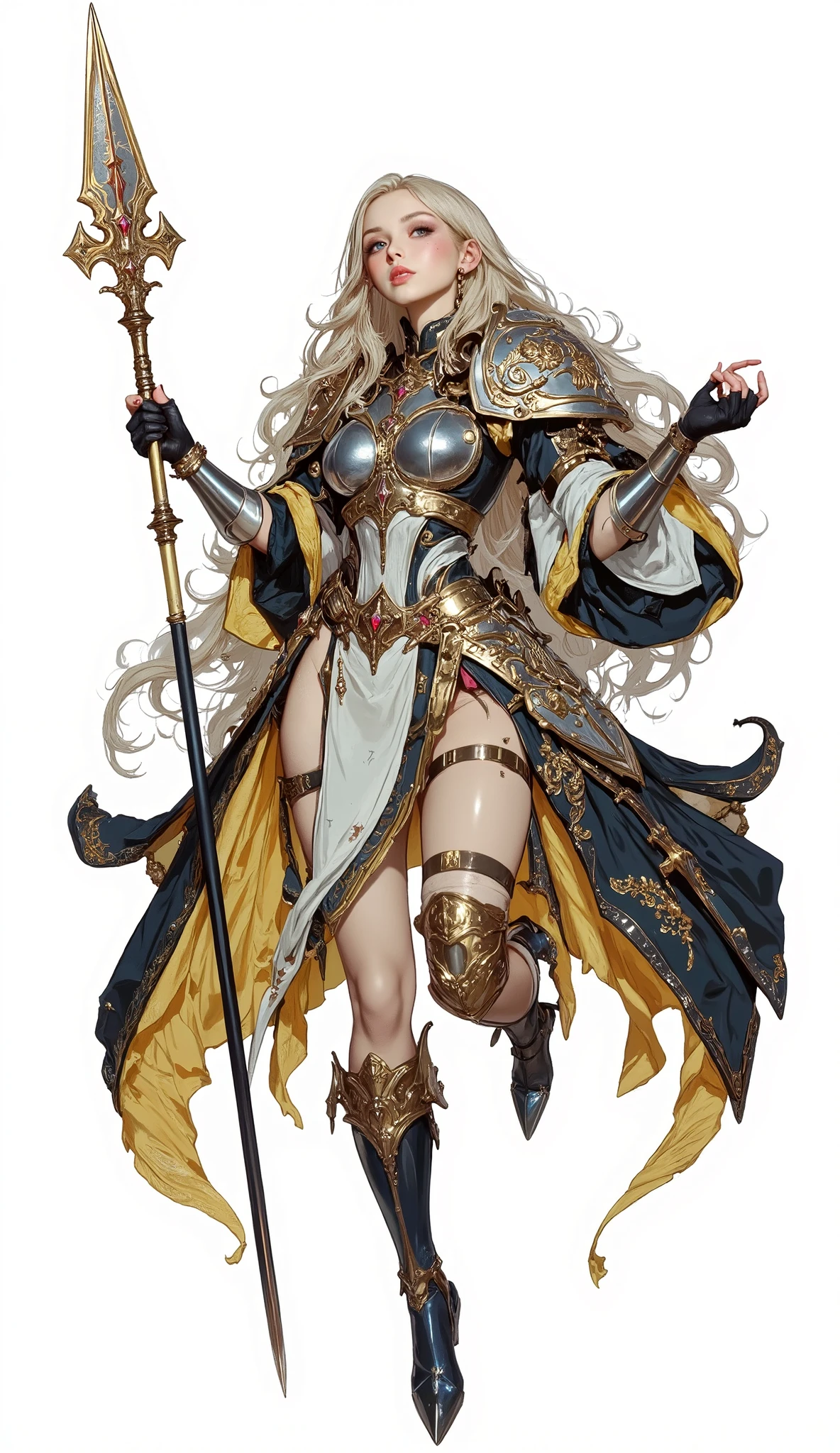 (Masterpiece:1.5,Top Quality:1.3,Amazing Quality:1.3), (Pulsating stance), (Anime Character), ((nsfw)), Solo, Full Length, Chiara, 1 Girl, ((Sexy cute girl:1.5)), White Skin, Silver Gauntlets, Silver Boots, Western sexy Armor, Shining Clothes, gleaming decorations, ((with gigantic spear weapon:1.6)), ((sword dance:1.5)), (sexy&fighting pose:1.2), (Wielding a spear weapon:1.5),pulsatile, The best of the Middle Ages, Female warrior, ready to fight, glamorous, blond hair, gothic dress, muscular body, sophisticated and glittering medieval armor, beautiful, very precise and delicate animation, vivid colors, unreal world, fantasy delusion, ((full body view)), (((not background, White background))),