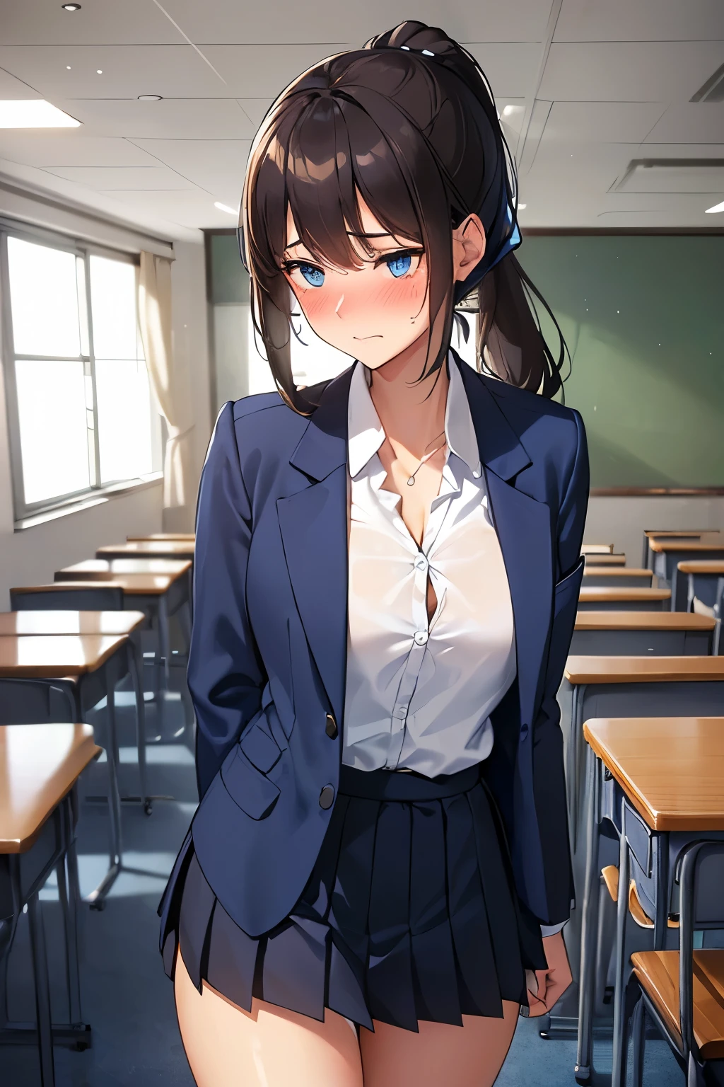 (1 person、solo), Beautiful woman, (High definition beautiful black eyes)、Anatomically perfect body, (Slender)、(High school girls), (Blazer uniform、White shirt, Pleated skirt), (Pussy juice:1.2), (Look down), (Embrace your chest:1.2)、16 years old、(Highest quality)、Black Hair, (half updo:1.1), classroom、(8k, High resolution)、(shy:1.2)、Mid-chest, (steam:1.1), (embarrassed:1.4), show off nipples under shirt、(wide shot), (Inner thighs)