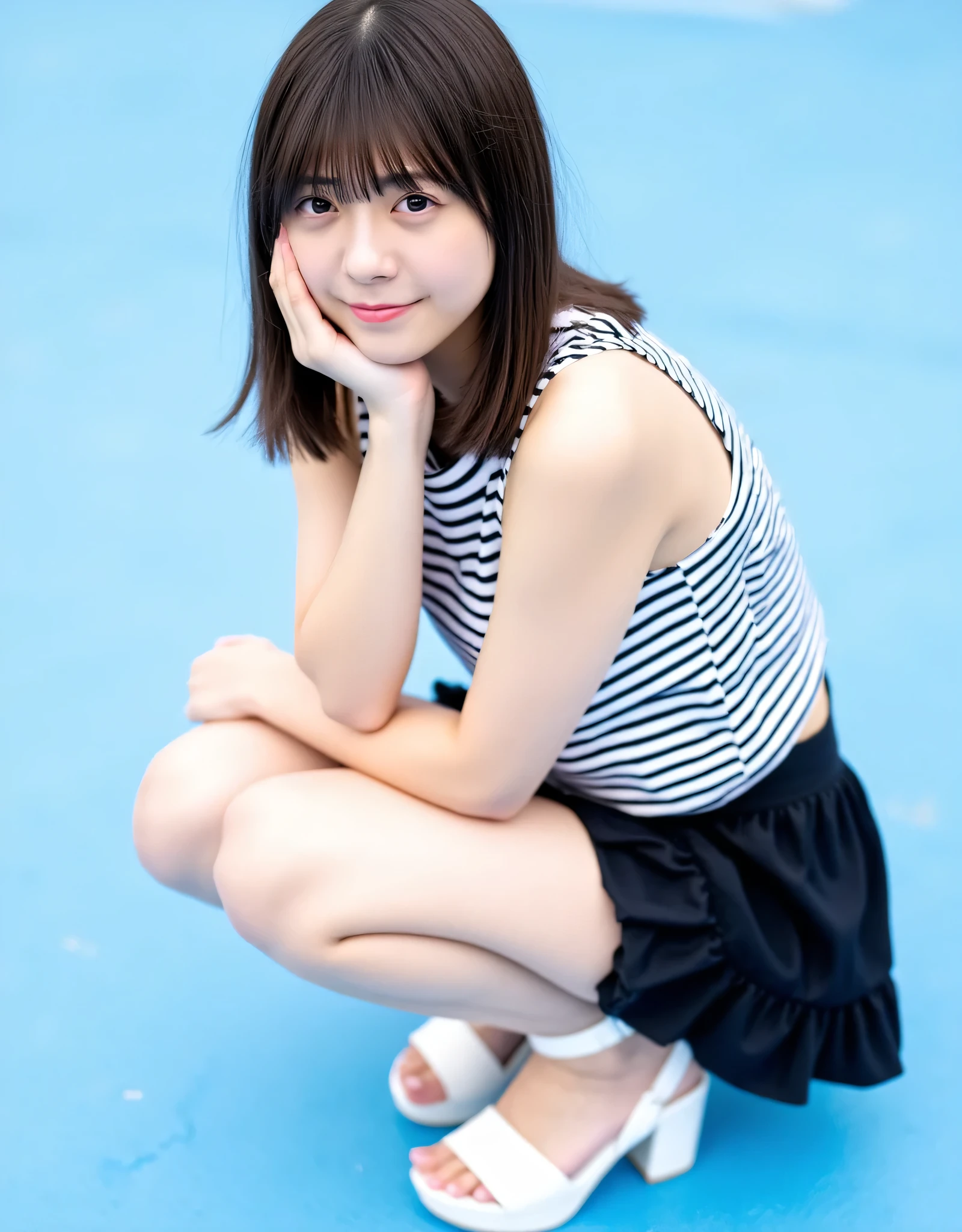This image、shows a young woman named Nao sitting with her knees bent and one hand on her chin. She has half-length straight hair and bangs. She wears a sleeveless top with black and white horizontal stripes , and dark short shorts with ruffles at the bottom , Show me her pure white thighs . She has white platform sandals with ankle straps . The background looks like an outdoor setting with a blue surface .