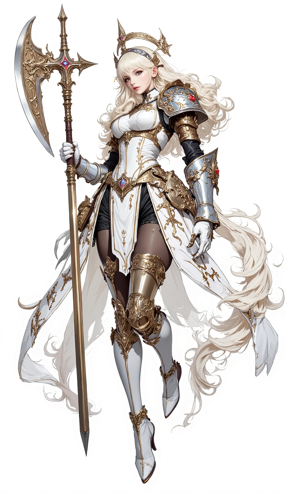 (Masterpiece:1.5,Top Quality:1.3,Amazing Quality:1.3), (Pulsating stance), (Anime Character), ((nsfw)), Solo, Full Length, Chiara, 1 Girl, ((Sexy cute girl:1.5)), White Skin, Silver Gauntlets, Silver Boots, Western sexy Armor, Shining Clothes, gleaming decorations, ((with gigantic  Axe type weapon:1.6)), ((sword dance:1.5)), (Wielding a Axe weapon:1.5),pulsatile, The best of the Middle Ages, Female warrior, ready to fight, glamorous, blond hair, gothic dress, muscular body, sophisticated and glittering medieval armor, beautiful, very precise and delicate animation, vivid colors, unreal world, fantasy delusion, ((full body view)), (((not background, White background))),